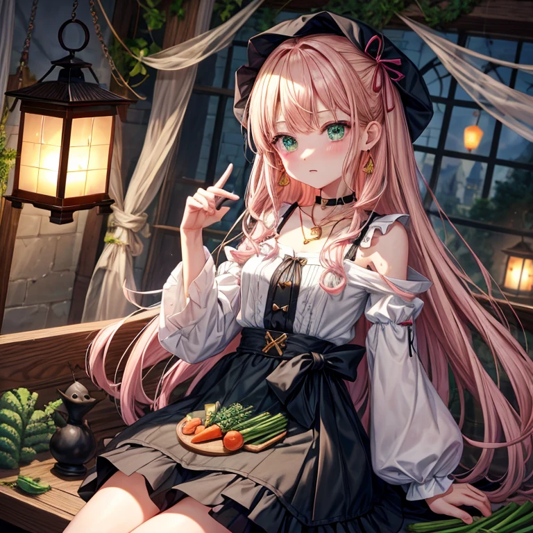 pink blonde、green eyes、one good looking girl、solo、anime、plaid mini skirt、the skirt has buttons、black camisole、black t-shirt、dress、wearing a ribbon、ribbon at waist、cloak、hood、clouds are swirling、stone slabs are piled up、one hand raised、crystal earrings、vegetable garden、monster castle、ceiling、golden key、jewelry necklace、Light and shadow、window、Hundreds of Ghosts at Night、lantern、sitting、legs crossed、mirror、Carrot、asparagus、tomato、green pepper、tunnel、clock、Stuck in the wall、tail、Rubik&#39;s Square