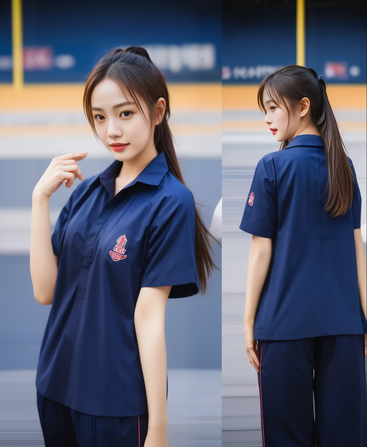 (best quality,10,10,height,Masterpiece:1.2),Special details,(realistic,ภาพrealistic,Realistic photos:1.37),1 cute girl on the football field,shiny, ผิวshiny,only,smile softly,BDclothelue shirt:1.3)),short sleeve,shirt, กางเกงขาlong.,(navy_long_track pants:1.1), ((stadium background:1.3)),Dynamic angle,excited,Face focus,dynamic poses,from behind,focus on ass,Masterpiece, best quality, ultra realistic, hyper-detail, 8K resolution, raw photos, Sharp focus, ((Navy blue shirt:1.1)), short sleeve, เส้นทางlong, perfect body, 2 mature women, 18 years old, Cinema-grade lighting system,blue sweatpants,shirtผ้าออกกำลังกาย,correct anatomy,perfect body, correct body, Sharp face, correct bodyทางกายวิภาค, full body, realistic gestures, long-haired, realistic poses,Wear long shorts................................,ช่วงขาlong,Good shape,carved girl, Slender figure, model, Good shape, beautiful body,blue sweatpants, two girls kissing