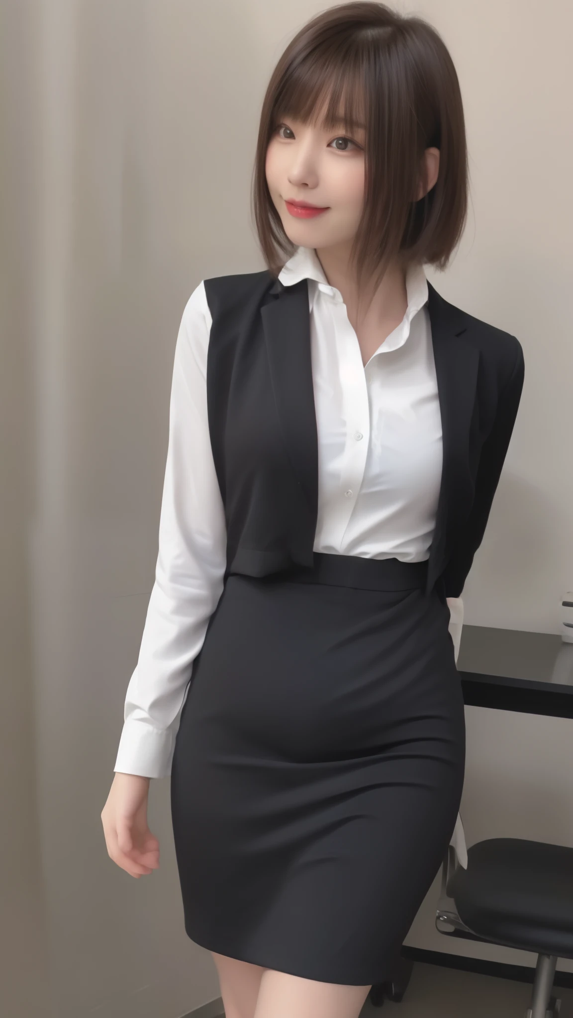 ((office room))、laughter、Beautiful Japan woman at 19 years old:1.5,(realistic、Photoreal:1.37)、(masterpiece)、(highest quality:1.4),(Raw photo:1.2)、(sharp focus:1.3)、(Sexy random pose with butt sticking out:1.2)、(One slender girl wearing a detailed pencil skirt and black suit jacket and white shirt:1.3)、(OL)、professional attire、high heels、(24-years-old:1.1)、(smile:1.3)、(make your hair shine:1.3)、 brown haired、bob cut、 short pencil skirt,Fancy makeup with red eyeshadow,
(Medium milk:1.2)、(bright daytime interior:1.2), Emphasize your butt from behind,