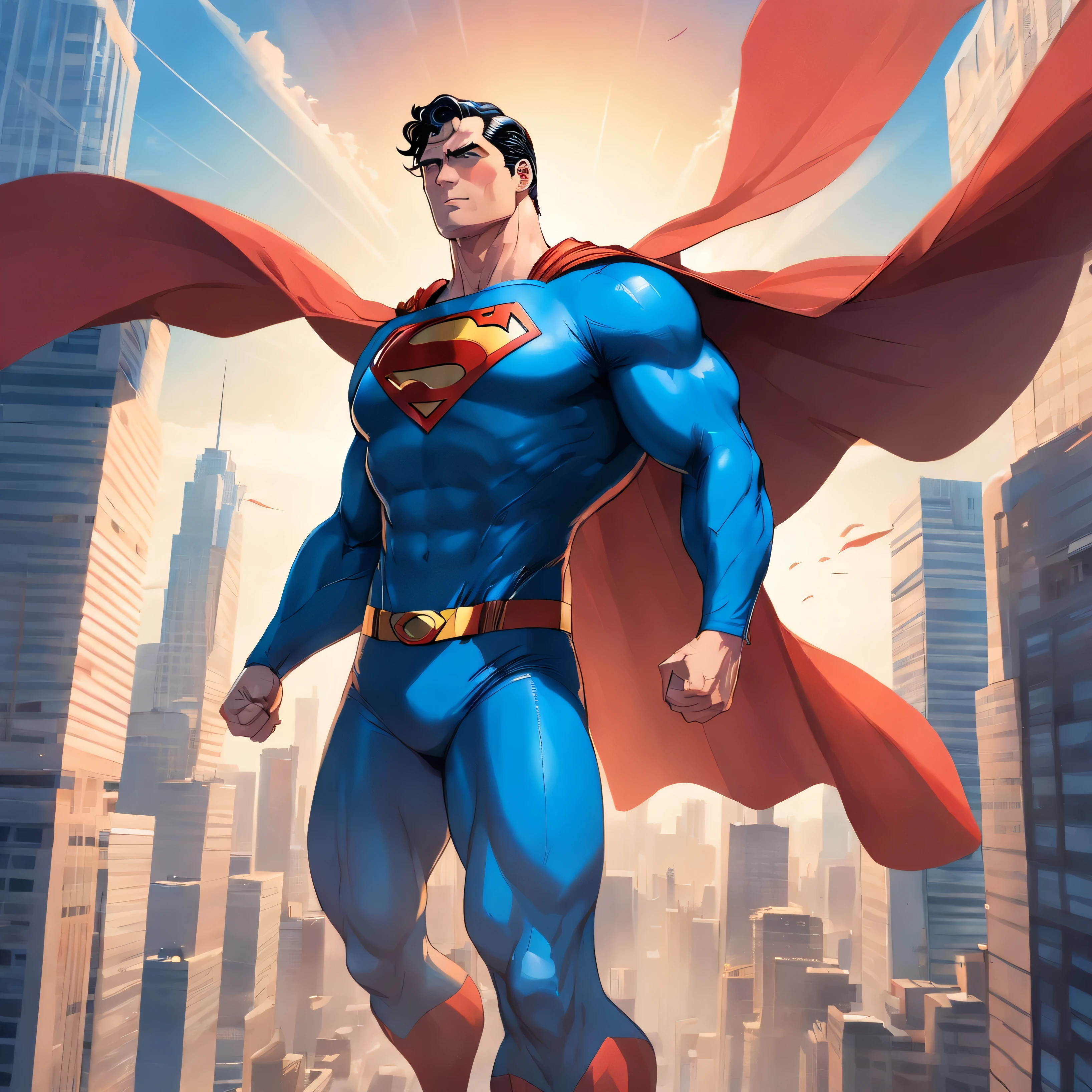one muscle, Powerful Superman in a dynamic flying pose, with a confident and determined expression on his face. His iconic red and blue superhero costume is highly detailed, mostrando as texturas e contornos do tecido. As cores vibrantes do traje, including the bright red cloak that flows behind him, Crie um impacto visual impressionante. The symbol of the House of Him, the iconic Superman emblem, is prominently displayed on his chest.
The work has a medium of comic book illustration, capturing the essence of the beloved DC Comics character. The lines and shading are crisp and clean, giving the image a dynamic and energetic feel. It combines elements of traditional hand-drawn artworks with digital coloring techniques, resulting in a visually stunning piece.
Enquanto Superman assume o centro do palco, the background features the iconic skyline of Metropolis with its towering skyscrapers, todos banhados pela luz quente do sol. The buildings are highly detailed, featuring a blend of contemporary architecture and the classic art deco style that is synonymous with the world of Superman.
The lighting in the artwork is dramatic, with sunlight casting strong shadows on Superman's muscular physique, emphasizing their strength and power. Using highlights and shadows adds depth and dimension to the image, Bringing it to life.
The color palette of the work is rich and vibrant, with bold primary colors dominating the scene. O vermelho e o azul do traje do Superman se destacam contra os tons quentes da paisagem urbana, criando um contraste visualmente cativante.
Geral, This work is of the best quality, with ultra-detailed, realistic rendering. Every muscle and line in Superman's body is meticulously portrayed, highlighting his physical prowess and superhero status. Attention to detail creates a sense of realism, fazendo com que o espectador se sinta como se estivesse testemunhando o voo do Superman pessoalmente.
This prompt is suitable for