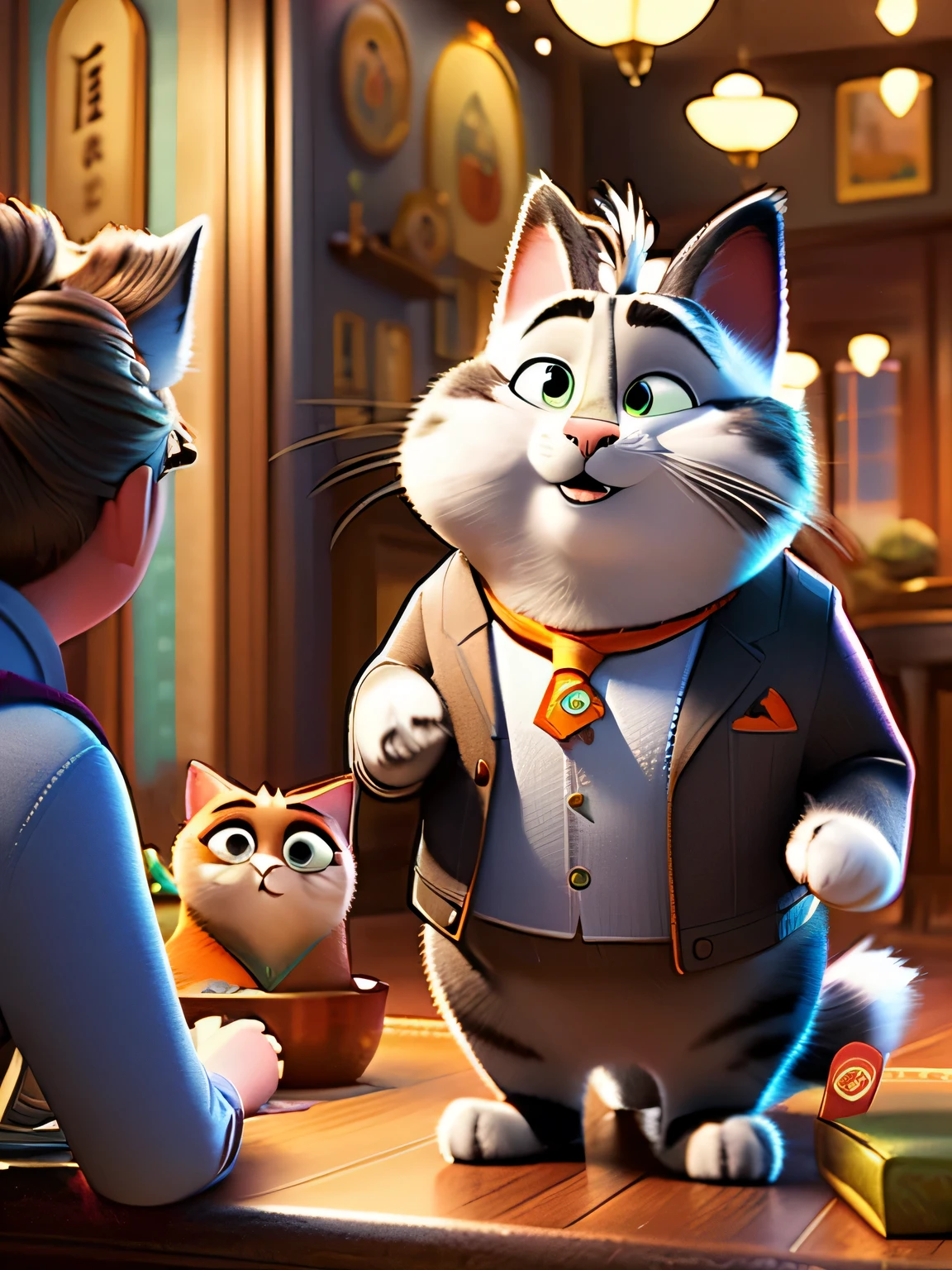In the background is a bedroom，fat cat坐在床边，rub my dizziness，Golem fragments are scattered around the new cat, cartoon, cartoon scene, cartoon, cartoon still, Movie promotional pictures, chonker cat, in zootopia, anthropomorphic cat, 3 d cartoon, fat cat, create art, Paul Lang, bran affinity, anatole finn table. Pixar
