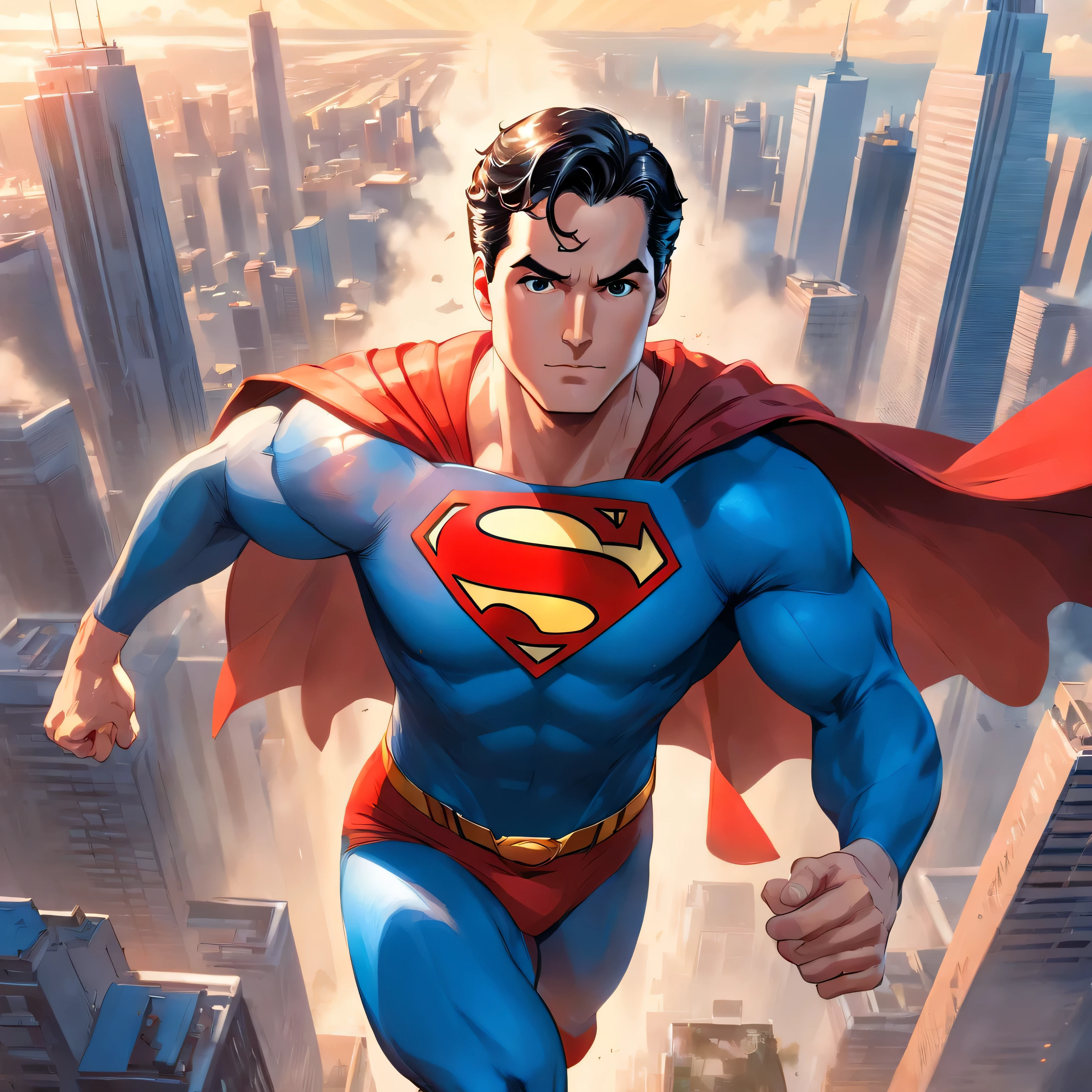 one muscle, Powerful Superman in a dynamic flying pose, with a confident and determined expression on his face. His iconic red and blue superhero costume is highly detailed, mostrando as texturas e contornos do tecido. As cores vibrantes do traje, including the bright red cloak that flows behind him, Crie um impacto visual impressionante. The symbol of the House of Him, the iconic Superman emblem, is prominently displayed on his chest.

The work has a medium of comic book illustration, capturing the essence of the beloved DC Comics character. The lines and shading are crisp and clean, giving the image a dynamic and energetic feel. It combines elements of traditional hand-drawn artworks with digital coloring techniques, resulting in a visually stunning piece.

Enquanto Superman assume o centro do palco, the background features the iconic skyline of Metropolis with its towering skyscrapers, todos banhados pela luz quente do sol. The buildings are highly detailed, featuring a blend of contemporary architecture and the classic art deco style that is synonymous with the world of Superman.

The lighting in the artwork is dramatic, with sunlight casting strong shadows on Superman's muscular physique, emphasizing their strength and power. Using highlights and shadows adds depth and dimension to the image, Bringing it to life.

The color palette of the work is rich and vibrant, with bold primary colors dominating the scene. O vermelho e o azul do traje do Superman se destacam contra os tons quentes da paisagem urbana, criando um contraste visualmente cativante.

Geral, This work is of the best quality, with ultra-detailed, realistic rendering. Every muscle and line in Superman's body is meticulously portrayed, highlighting his physical prowess and superhero status. Attention to detail creates a sense of realism, fazendo com que o espectador se sinta como se estivesse testemunhando o voo do Superman pessoalmente.

This prompt is suitable for