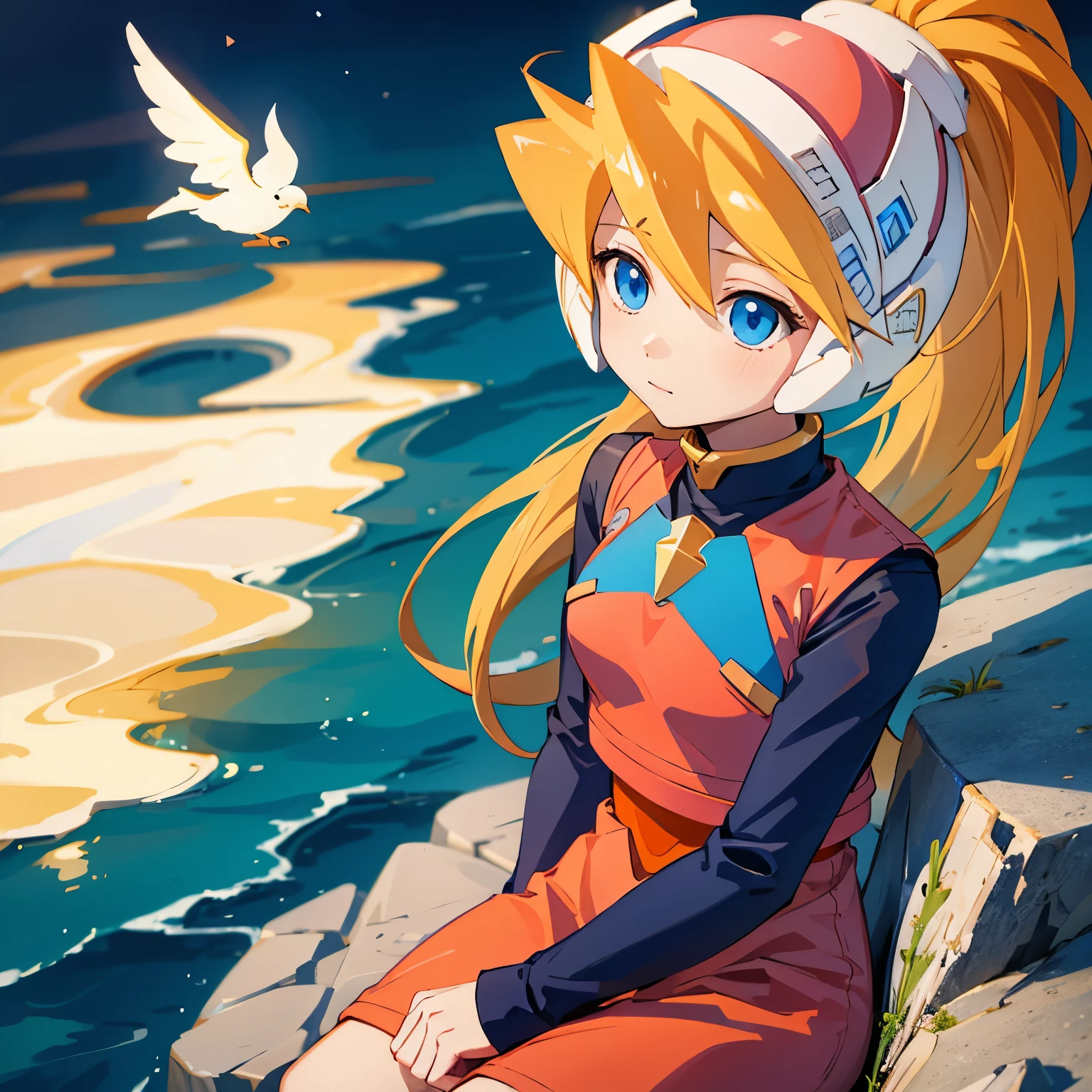 ciel_megamanz, 1girl, solo, long hair, blue eyes, blonde hair, ponytail, headgear, masterpiece, high quality, overlooking the ocean on the edge of a rock, in the style of avian-themed, realistic yet stylized, villagecore, azure, orange and azure, dragoncore, aerial view