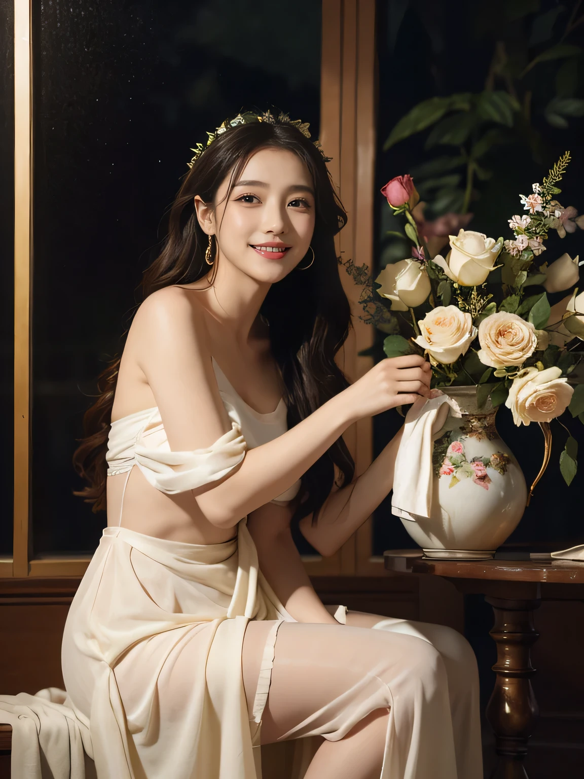Giorgione painting style,Arguments of two female P、roses in vase、fruits、Cute trinkets、smile、ancient greek costume、Background is a forest lake at night 、Clothes that stretch your shoulders、A big smile、beautiful bare skin,Woman singing with sheet music