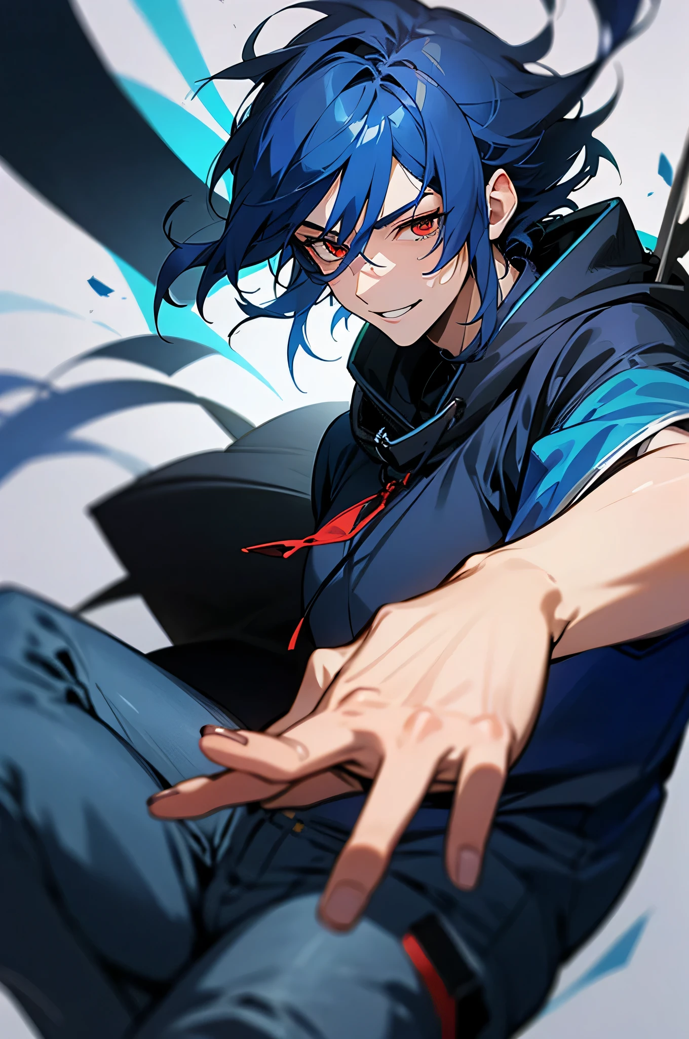 Super detailed,haig quality,sketch,1 boy,mature men,beautiful face,(dark blue hair,External hair:1.1),Handsome guy,pearl skin,Cyberpunk Hoodie、indigo blue distressed jeans,dynamic angle,Japan anime red eyes,smile,dignified expression,city,20th generation men