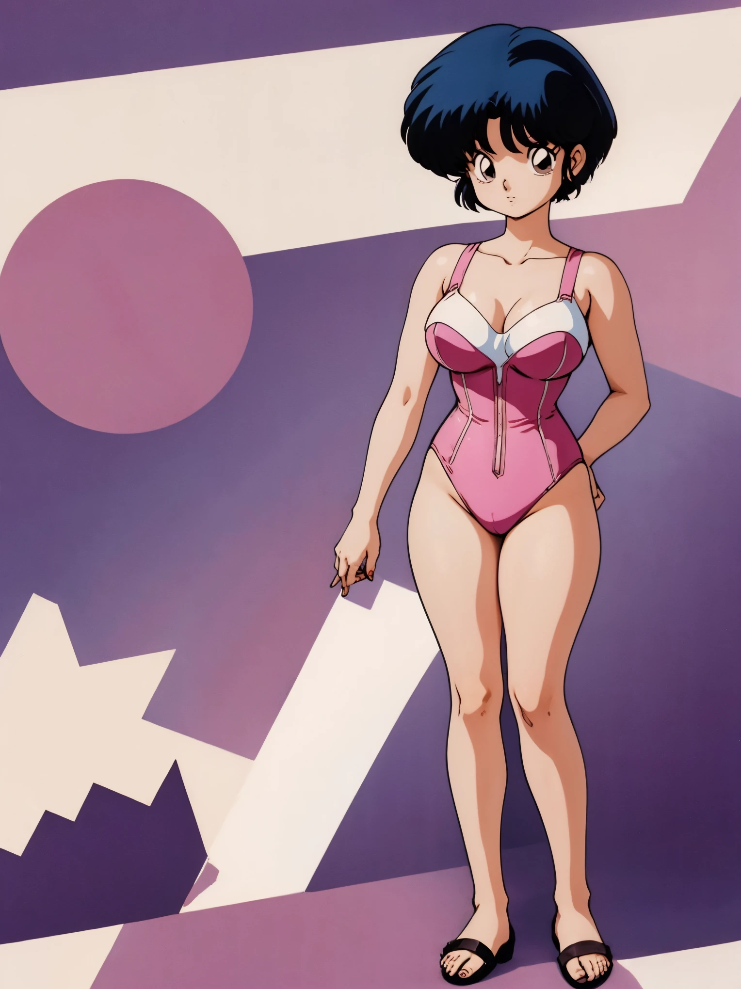 Bunny Girl, Garota Anime cabelo escuro com vestido e corset pink, , corpo bonito, seios grandes, com as hands on chest, hands on chest, Garota sexy, purple cabelo, mechas de cabelo laterais, mechas de cabelo na lateral do rosto, beautiful lighting, sombras suaves, olhos azuis, pernas bonitas, cabelo curto, estilo anime, personagem Akane Tendo, Autora Rumiko Takahashi, Baseado em obra de Rumiko Takahashi, Anime Ranma 1/ 2, decote sexy, quadril robusto, corpo inteiro, corpo inteiro, busto grande, garota jovem com corpo belo e bonito, sandals on his feet, garota 16 anosbaixa estatura, usando saia e corset pink, garota anime, estilo anime, beautiful feet in sandals, 45° viewing angle, ao ar livre, peito grande, seios bonitos, cabelo preto, sandals on the feet, pernas bonitas, sexy, belas pernas, Sandalias, seios grandes