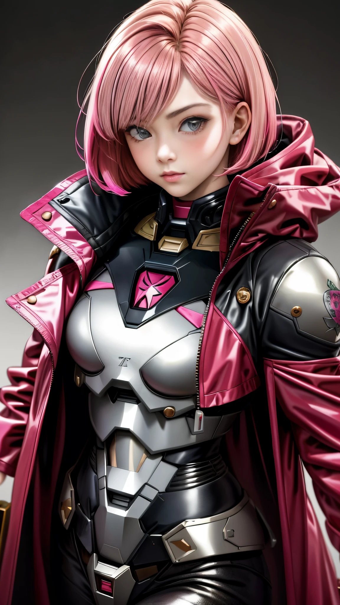 Realistic Red Sotheby Girl Photo,short bob cut,Her hair color is bright pink and has a gradation with blonde.,cool look,background is gray,Coat of arms of the Principality of Zeon,The 16-year-old daughter of Hamankarn and Char Aznable.,