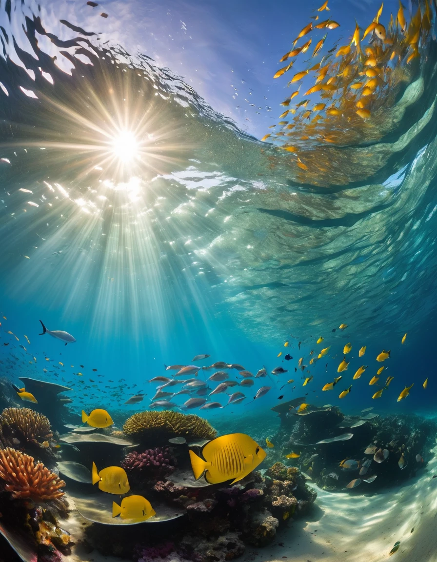 A captivating underwater panorama highlighting marine biodiversity and a striking Tyndall effect, where sunlight filters through the waves, dancing with colorful fish and waving seaweed