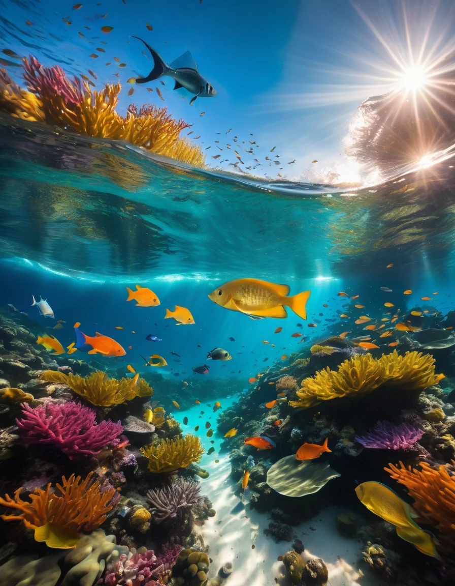 A captivating underwater panorama highlighting marine biodiversity and a striking Tyndall effect, where sunlight filters through the waves, dancing with colorful fish and waving seaweed