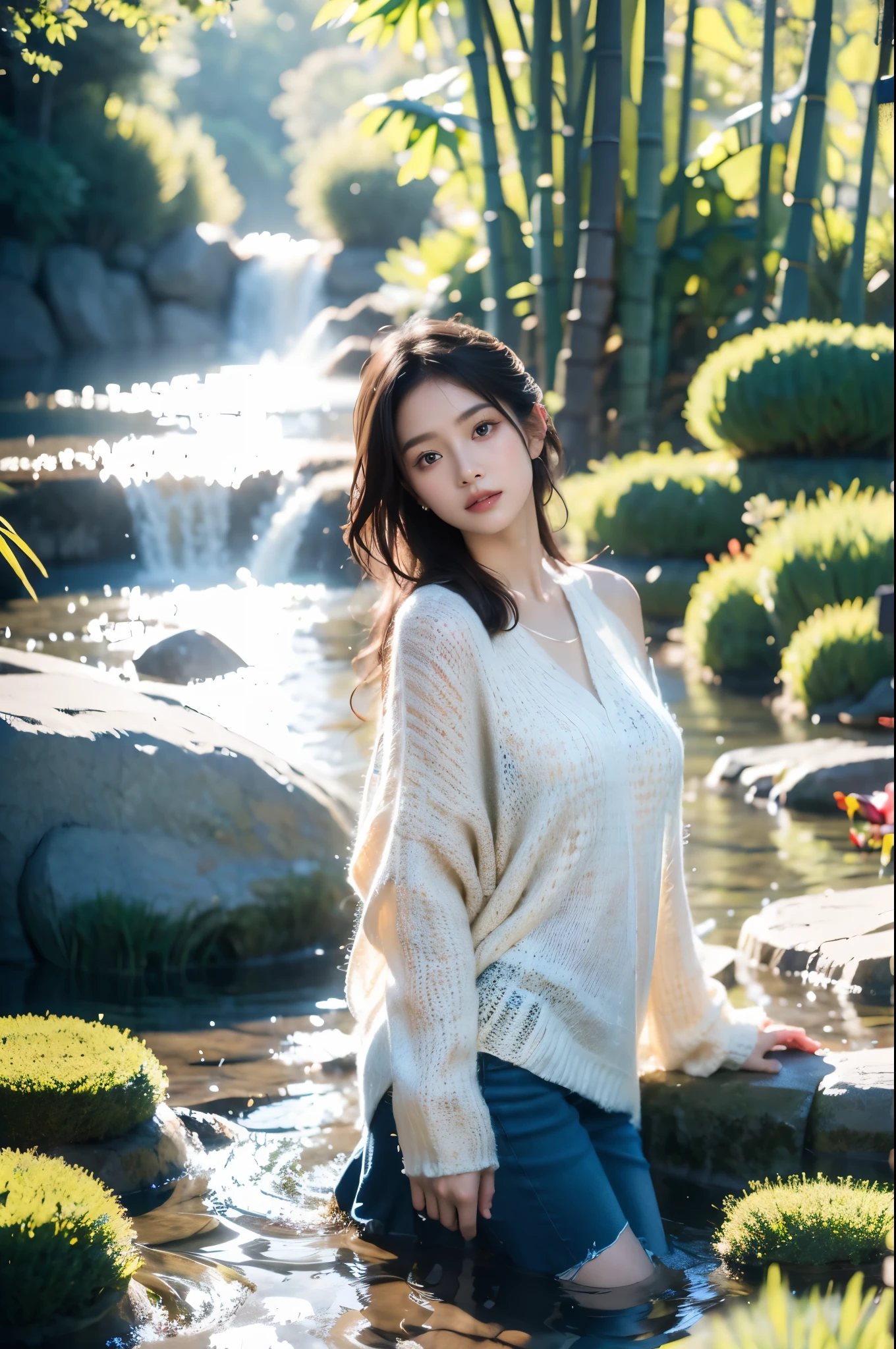 1 girl, colorful hair, (brown eyes), (extremely delicate and beautiful), (sweater), bamboo forest, water pool, front, butterfly, hair, butterfly, dreamy light, (8k, RAW photo, best quality, masterpiece: 1.2), (realistic, photo fidelity: 1.3), ultra fine, ultra fine cg 8k wallpaper, (crystal texture skin: 1.2), of the best quality, masterpiece, 8k