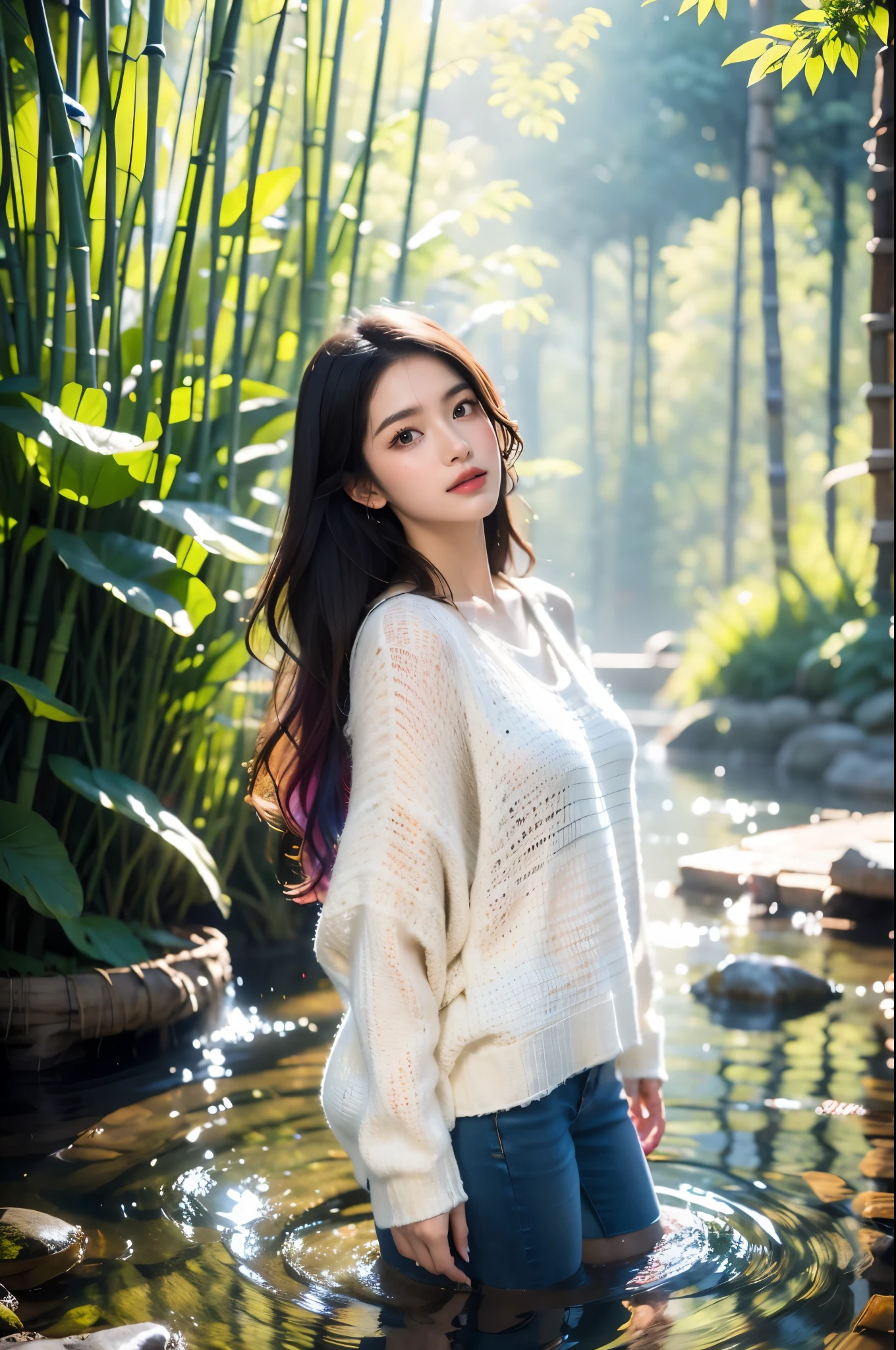 1 girl, colorful hair, (brown eyes), (extremely delicate and beautiful), (sweater), bamboo forest, water pool, front, butterfly, hair, butterfly, dreamy light, (8k, RAW photo, best quality, masterpiece: 1.2), (realistic, photo fidelity: 1.3), ultra fine, ultra fine cg 8k wallpaper, (crystal texture skin: 1.2), of the best quality, masterpiece, 8k