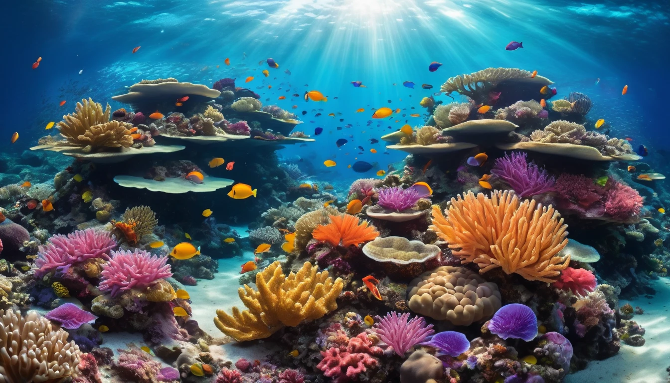 a dazzling underwater landscape with a remarkable Tyndall effect, where sunlight penetrates the depths, revealing a magical world of coral reefs, colorful anemones, and tropical fish