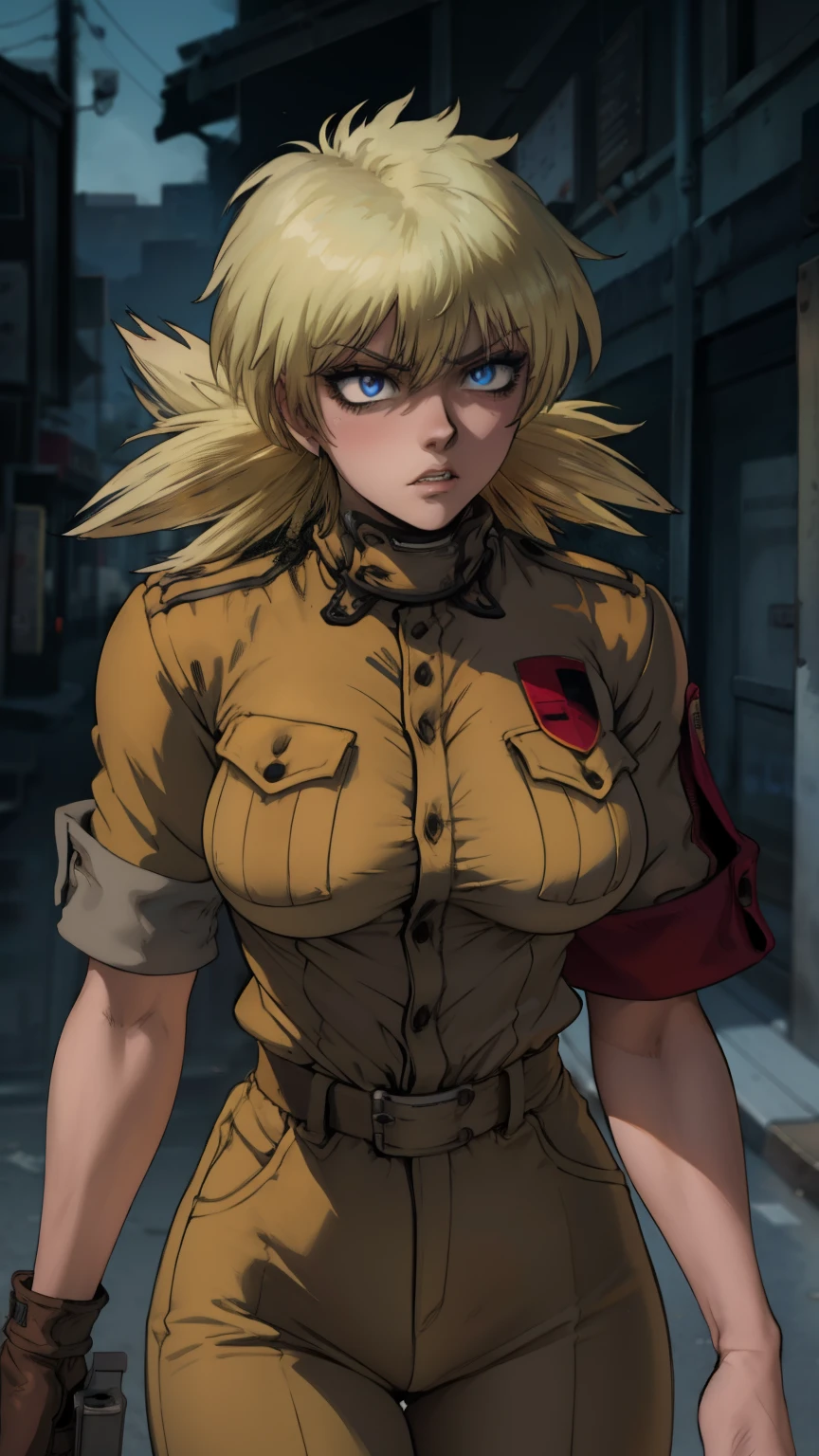 (best quality,4k,8k,highres,masterpiece:1.2),ultra-detailed,extremely detailed girl,beautiful detailed eyes,beautiful detailed lips,longeyelashes,leather jacket and pants,angry expression,holding a gun,black and white photography,low-key lighting,dark and gritty,urban setting,fierce attitude,action-packed scene,Vivid colors,intense shadows,sharp focus, seras, seras victoria 