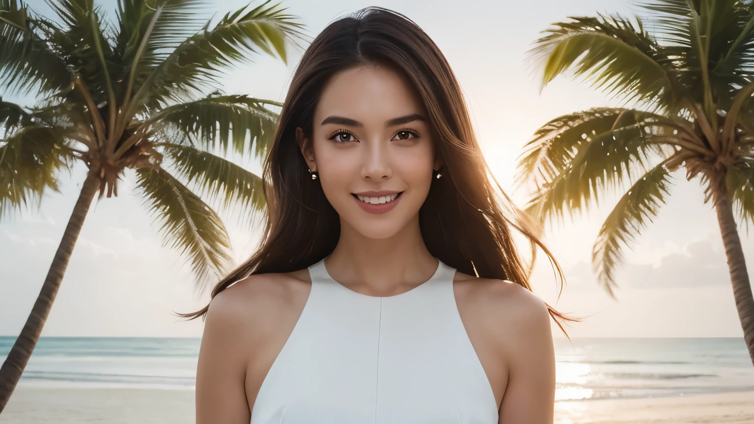 ((Realistic lighting, Best quality, 8K, Masterpiece: 1.3)), Focus: 1.2, 1girl, Perfect Figure: 1.4, Slim Abs: 1.1, ((Dark brown hair)), (white dress: 1.4), (indoor, Day: 1.1), Office work, Super fine face, Fine eyes, Double eyelid office attire) Ai influencer, (beach, palm trees), (beach, palm trees), (beach, palm trees), (smile), (smile), (smile)