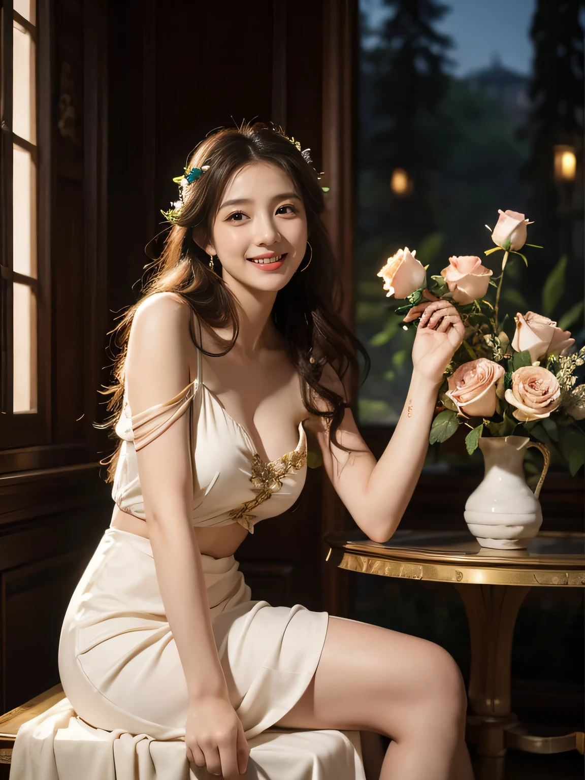 Giorgione painting style,Arguments of two female P、roses in vase、fruits、Cute trinkets、smile、ancient greek costume、Background is a forest lake at night 、Clothes that stretch your shoulders、A big smile、beautiful bare skin,Woman singing with sheet music