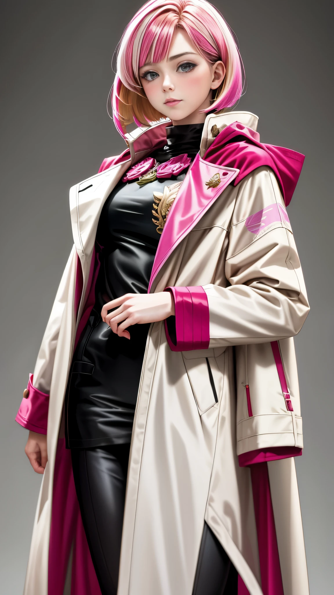 Realistic Red Sotheby Girl Photo,short bob cut,Her hair color is bright pink and has a gradation with blonde.,cool look,background is gray,Coat of arms of the Principality of Zeon,The -yeld dater of Hamankarn and Char Aznable.,