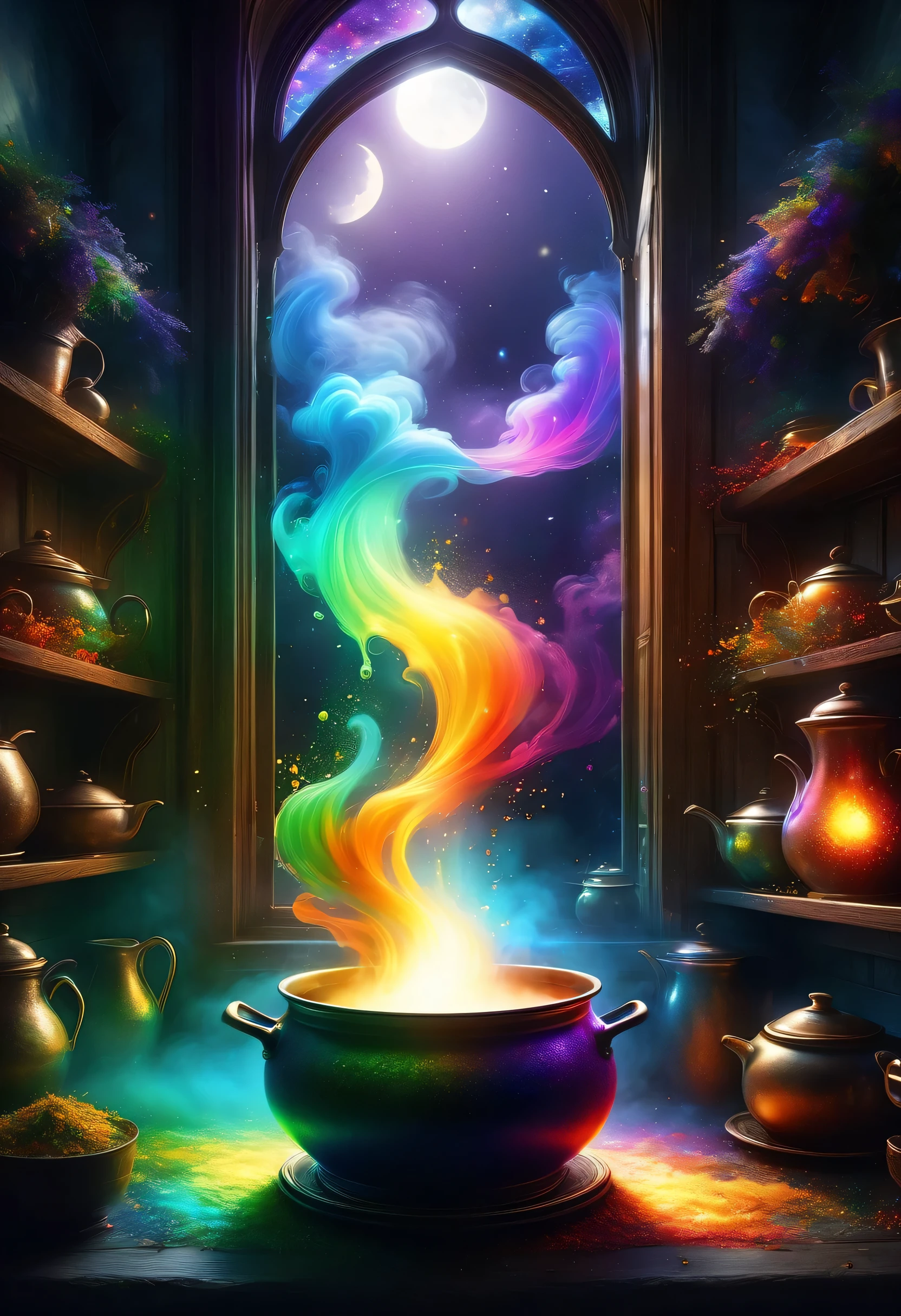 ((Tyndall effect,dark,darkness,Moonlight shining through the window:diagonally)),A large pot with steam rising up,Light and shadow,The Witch's Kitchen,eerie atmosphere,masterpiece,最高masterpiece,highest quality,rendering,rich colors,colorfulな呪文を唱える,dream-like,Detailed details,In detail,,Bright colors,beautifulLight and shadow,magic,dream-like,Inspiration,beautiful,rendering,colorful,wonderful,particles of light,get used to it,masterpiece,最高masterpiece,Art work using light,Artistic,get used to it,