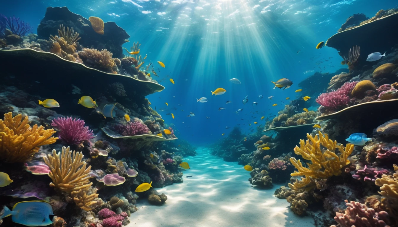 An enchanting underwater landscape featuring rich marine fauna and flora, with a distinctive Tyndall effect, where light filters through the waves, creating subtle light plays on the seabed