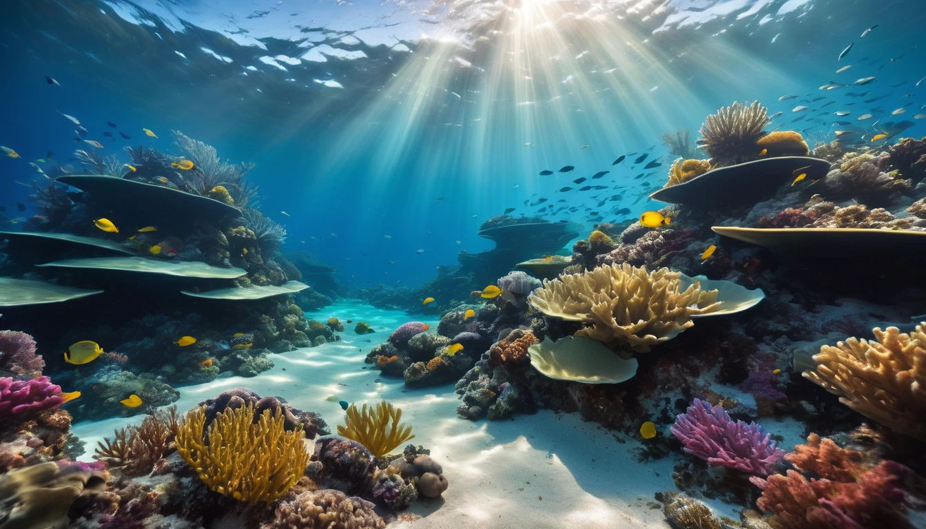 An enchanting underwater landscape featuring rich marine fauna and flora, with a distinctive Tyndall effect, where light filters through the waves, creating subtle light plays on the seabed