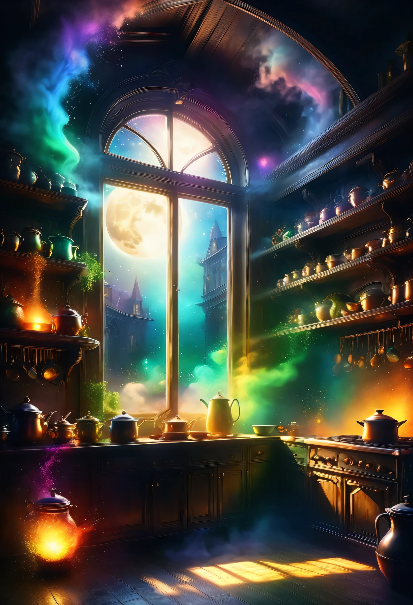 ((Tyndall effect,dark,darkness,Moonlight shining through the window:diagonally)),A large pot with steam rising up,Light and shadow,The Witch's Kitchen,eerie atmosphere,masterpiece,最高masterpiece,highest quality,rendering,rich colors,colorfulな呪文を唱える,dream-like,Detailed details,In detail,,Bright colors,beautifulLight and shadow,magic,dream-like,Inspiration,beautiful,rendering,colorful,wonderful,particles of light,get used to it,masterpiece,最高masterpiece,Art work using light,Artistic,get used to it,