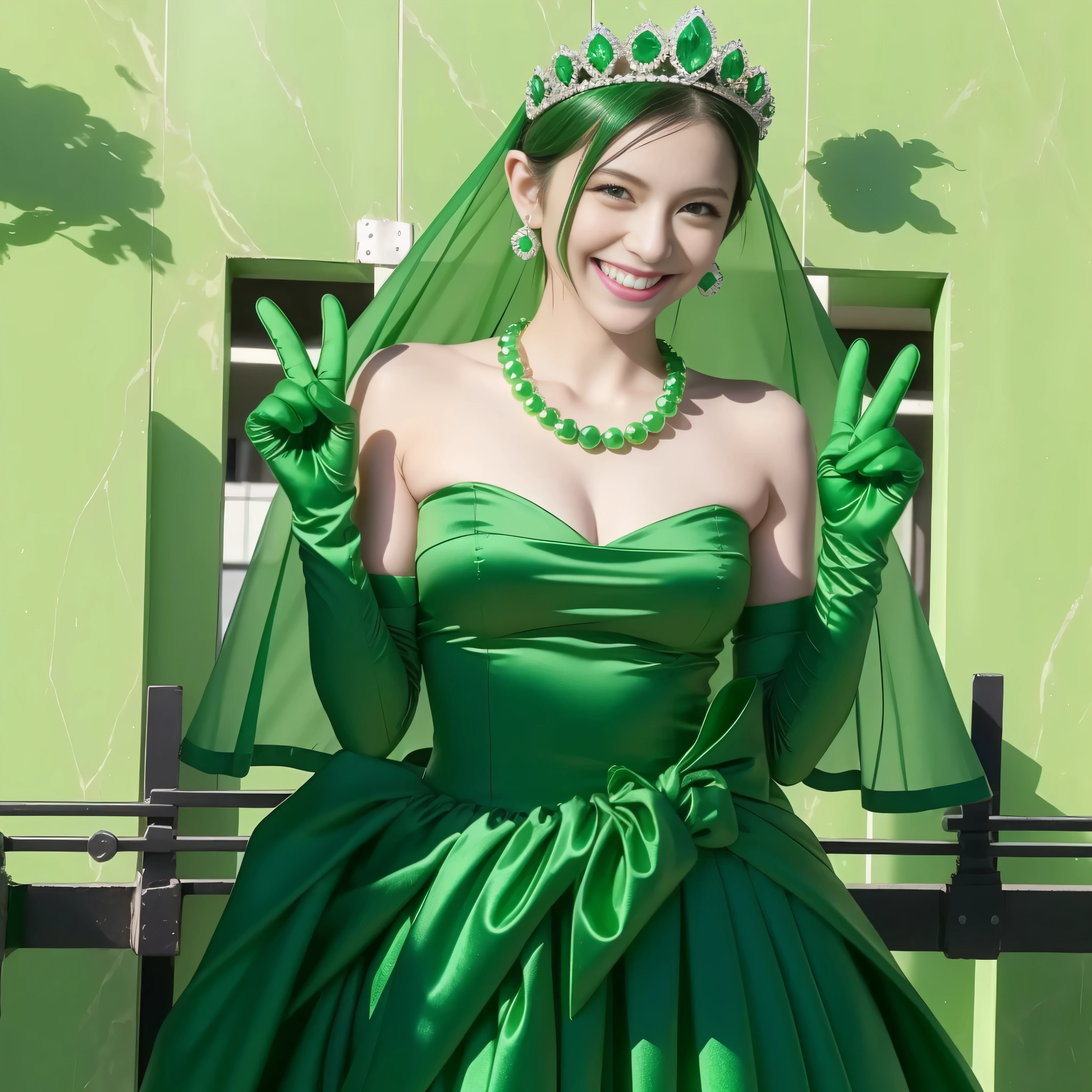 emerald tiara, Green Pearl Necklace, Boyish green berry short hair, lipstick, Smiling Japan woman, very short hair, big breasts beautiful, green eyes, Green long gloves made of satin material, green eyes, v sign, emerald earrings, green gloss green lip gloss