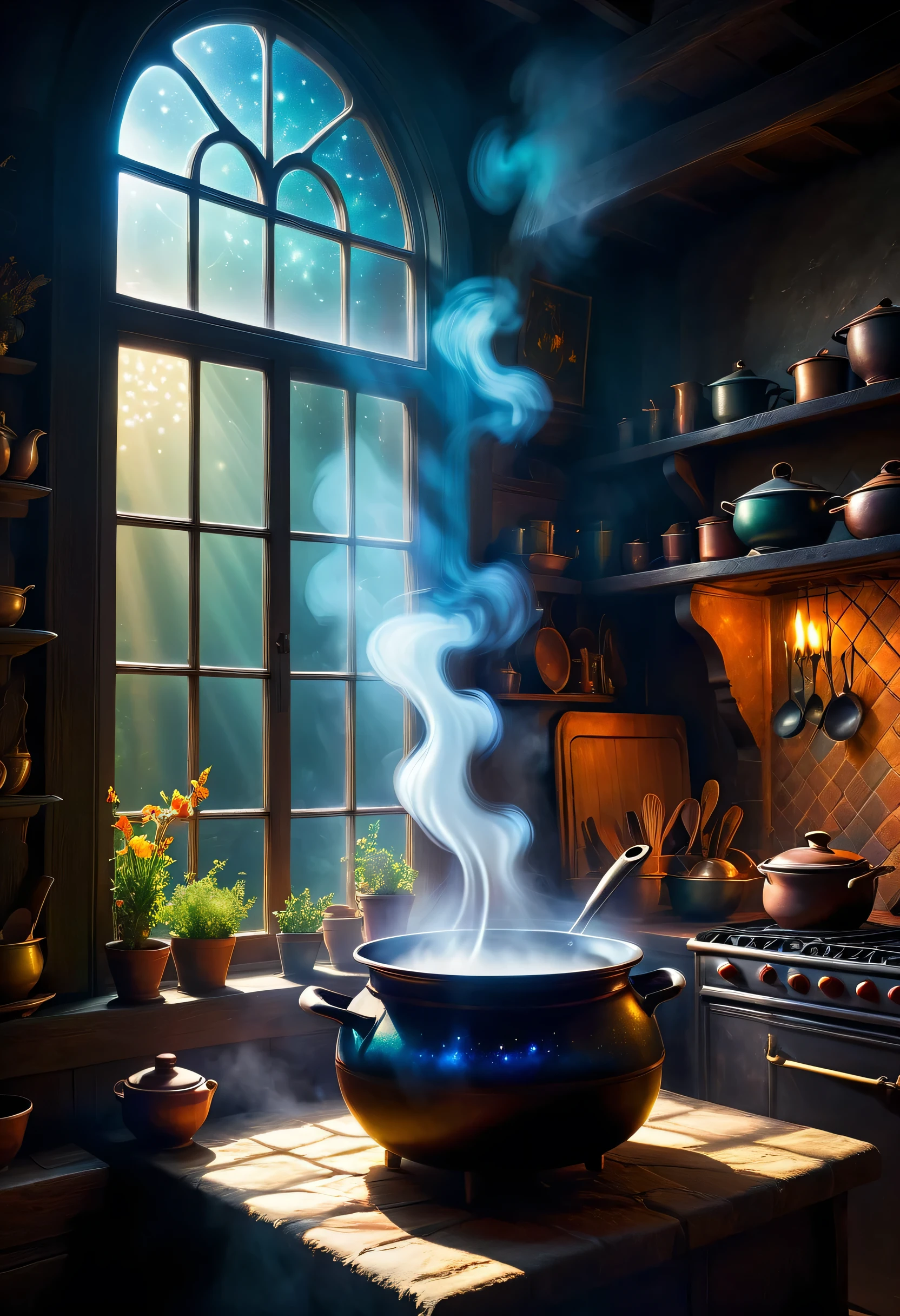 ((Tyndall effect,dark,darkness,Moonlight shining through the window:diagonally)),A large pot with steam rising up,Light and shadow,The Witch's Kitchen,eerie atmosphere,masterpiece,最高masterpiece,highest quality,rendering,rich colors,colorfulな呪文を唱える,dream-like,Detailed details,In detail,,Bright colors,beautifulLight and shadow,magic,dream-like,Inspiration,beautiful,rendering,colorful,wonderful,particles of light,get used to it,masterpiece,最高masterpiece,Art work using light,Artistic,get used to it,