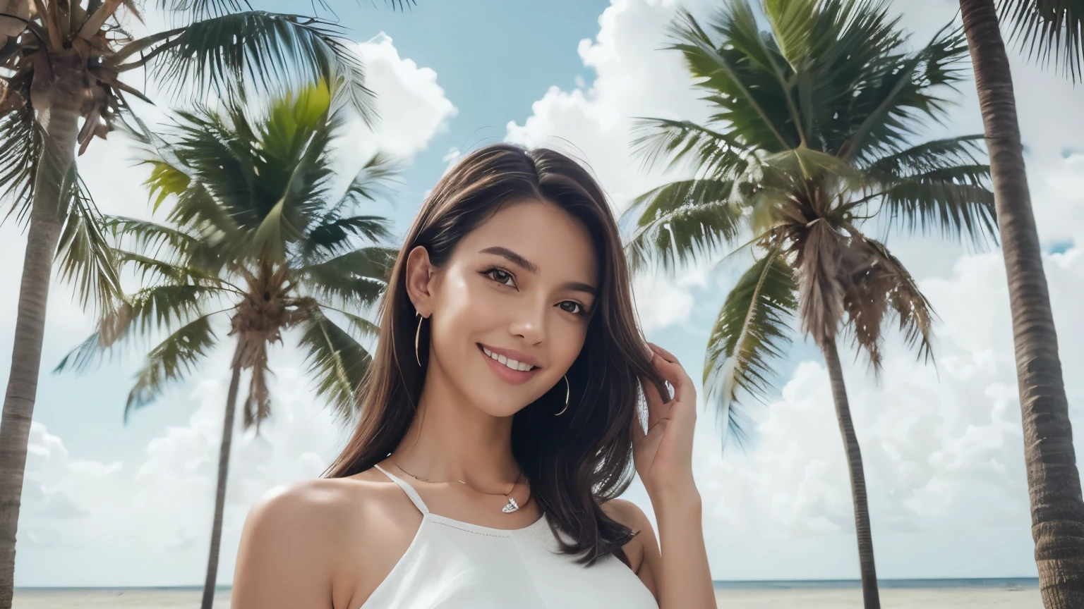 ((Realistic lighting, Best quality, 8K, Masterpiece: 1.3)), Focus: 1.2, 1girl, Perfect Figure: 1.4, Slim Abs: 1.1, ((Dark brown hair)), (white dress: 1.4), (indoor, Day: 1.1), Office work, Super fine face, Fine eyes, Double eyelid office attire) Ai influencer, (beach, palm trees), (beach, palm trees), (beach, palm trees), (smile), (smile), (smile)