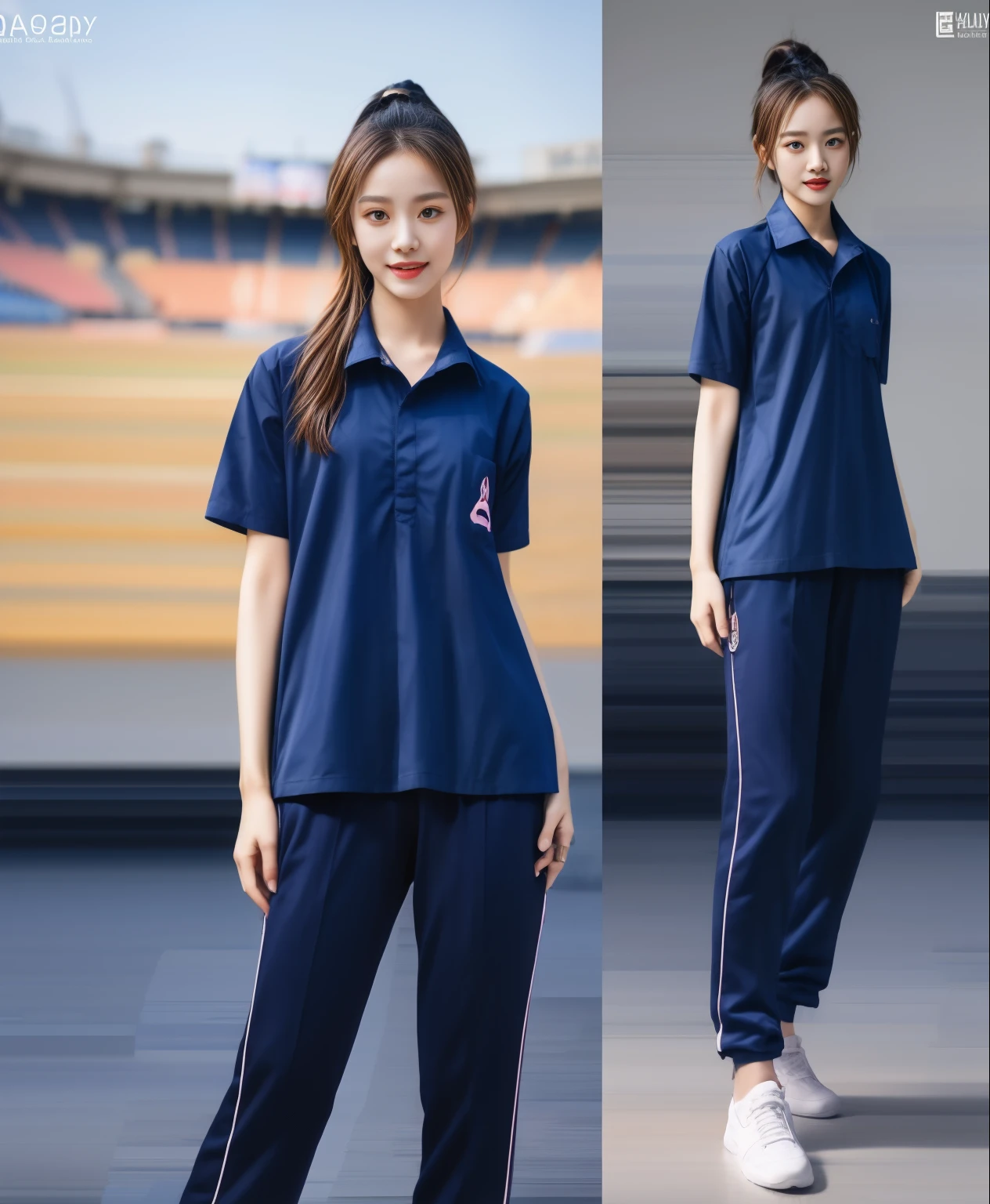 (best quality,10,10,height,Masterpiece:1.2),Special details,(realistic,ภาพrealistic,Realistic photos:1.37),1 cute girl on the football field,shiny, ผิวshiny,only,smile softly,BDclothelue shirt:1.3)),short sleeve,shirt, กางเกงขาlong.,(navy_long_track pants:1.1), ((stadium background:1.3)),Dynamic angle,excited,Face focus,dynamic poses,from behind,focus on ass,Masterpiece, best quality, ultra realistic, hyper-detail, 8K resolution, raw photos, Sharp focus, ((Navy blue shirt:1.1)), short sleeve, เส้นทางlong, perfect body, 2 mature women, 18 years old, Cinema-grade lighting system,blue sweatpants,shirtผ้าออกกำลังกาย,correct anatomy,perfect body, correct body, Sharp face, correct bodyทางกายวิภาค, full body, realistic gestures, long-haired, realistic poses,Wear long shorts................................,ช่วงขาlong,Good shape,carved girl, Slender figure, model, Good shape, beautiful body,blue sweatpants, two girls kissing