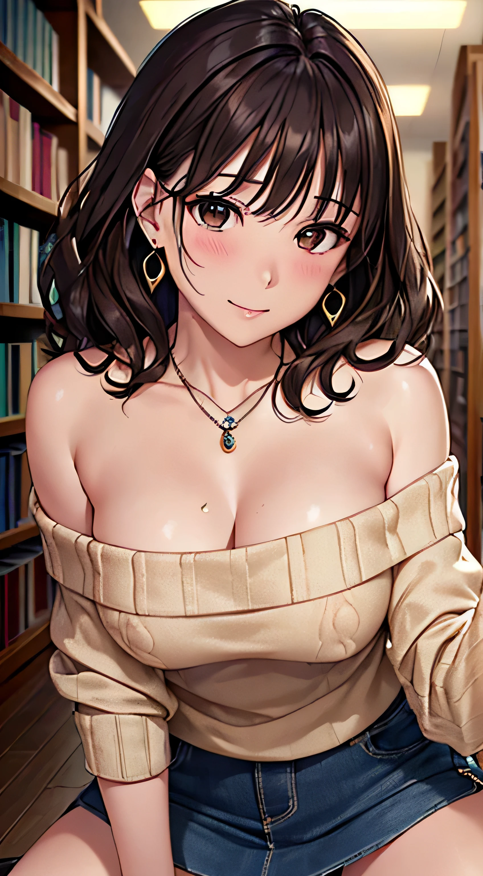 (table top, highest quality, High resolution, , perfect pixel, 4k,), 1 girl, single, alone, Beautiful woman、I could see the whole body、 ((Wavy mid-hair, bangs, brown hair)), ((brown eyes, beautiful eyelashes, realistic eyes)), ((detailed face, blush:1.2)), ((smooth texture:0.75, realistic texture:0.65, realistic:1.1, Anime CG style)), medium breasts, dynamic angle, perfect body, ((, beige off shoulder sweater、tight denim skirt、black stockings、cute necklace、earrings、open your legs、)), Upper grade、shy smile、In front of the bookshelves in the library、(angle from below、look back、Stand tall with your back turned、The gesture of lowering the hem of a skirt on one side only'hand of、pink lace panties are visible、)
