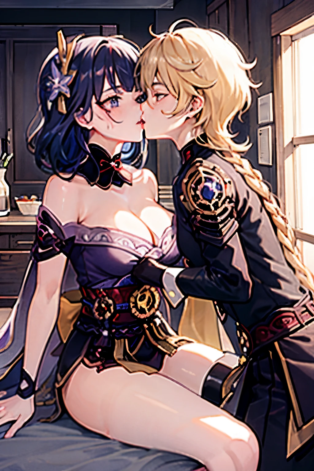 anime couple, aether and raiden shogun kissing, soft kiss, 1boy 1girl, cute, loving, peck, detailed faces, detailed hair, masterpiece, best quality, aether yellow hair\(genshin impact\), {{{masterpiece, electricity:1.4, pixiv fantasia}}},pov, raiden shogun, long hair, large hair, purple hair, multicolored hair, kimono, hair ornament, hair flower, purple eyes, parted lips, expressionless, looking at viewer, dynamic pose, large breasts, (Sexy and 20-year-old man) ((spooning with 1 man with yellow hair )), covered by a blanket, (warm lighting), (intimate atmosphere), (bedroom scene)), camisole, medium hair, (cleavage), (romantic mood), (soft focuedium breasts), (subtle facial expression), sweating WITH A MAN, KISSING A MAN. The man is touching her ass sensually. The man has his nose between her breasts, and is licking her breasts. Romantic. She has a guilty expression, a sad expression. A regretful and lustful expression, high quality fanart, best quality,