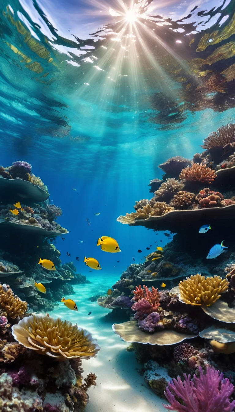 A stunning underwater panorama featuring the beauty of marine fauna and flora, with a striking Tyndall effect, where light diffuses through the waters, creating iridescent and magical reflections