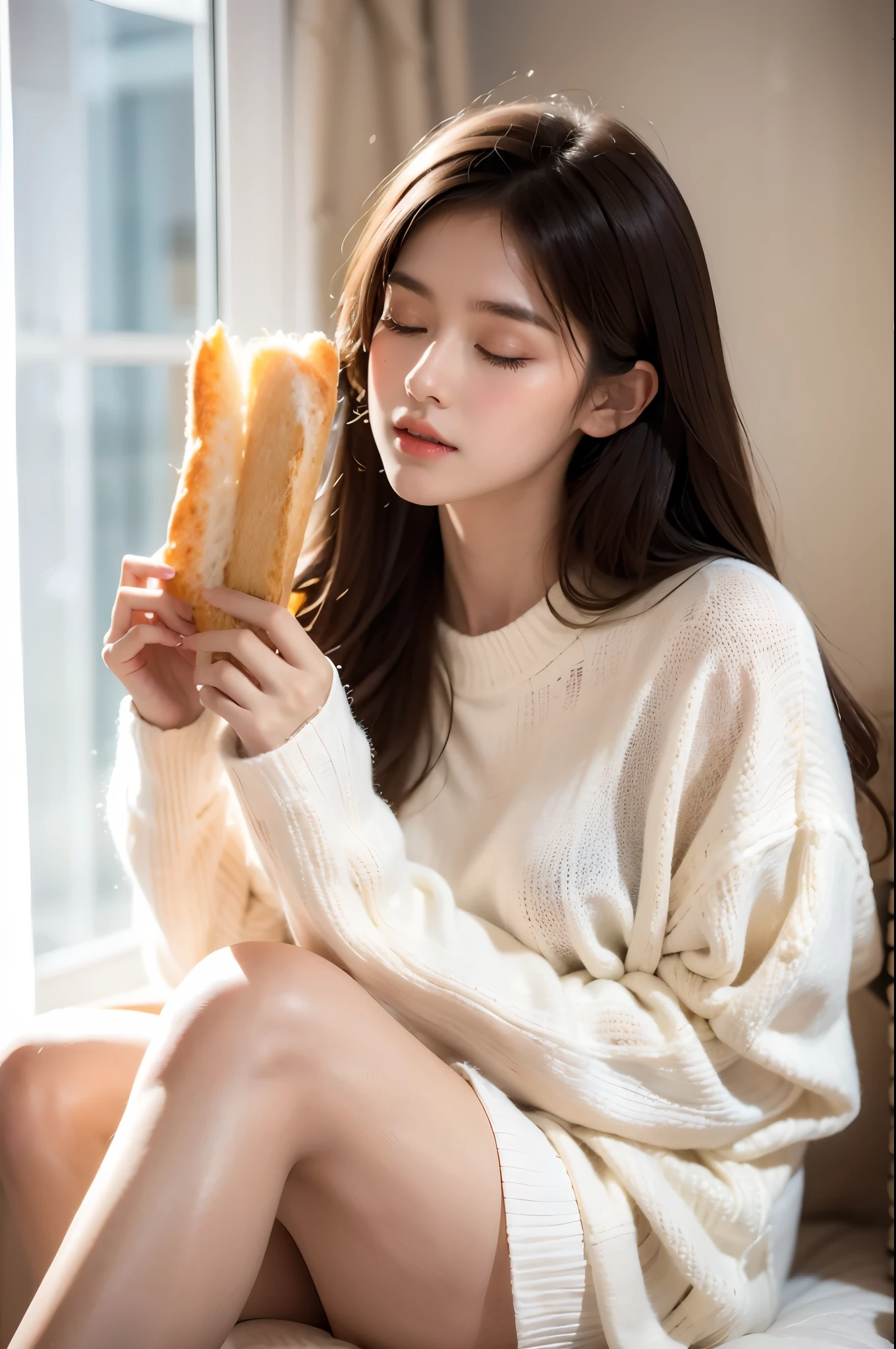 1girl,brown hair,closed eyes,curtains,day,White sweater,Sitting posture,Holding bread slices in hand,Girl's posture,dove,flower,lips,long hair,sitting,solo,window,best quality，masterpiece，16k