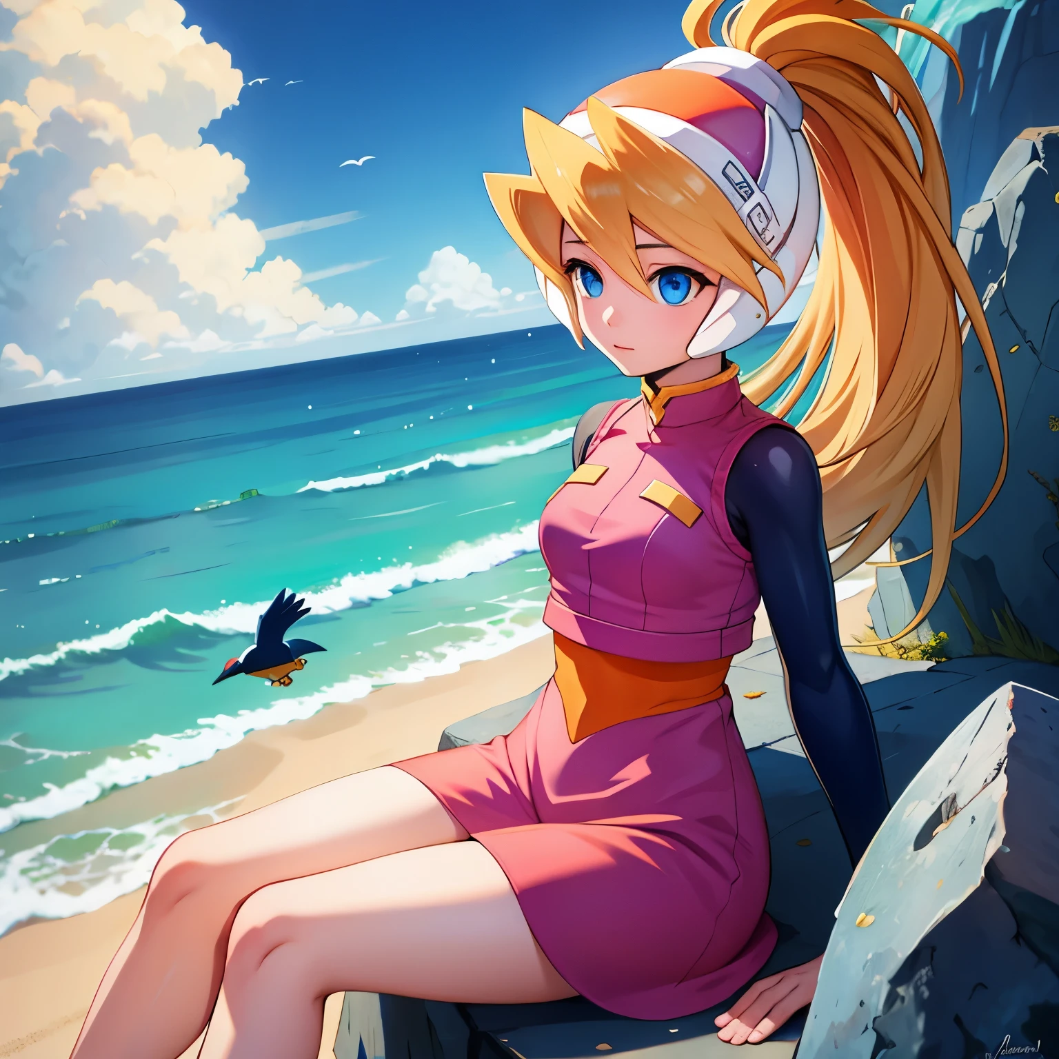 ciel_megamanz, 1girl, solo, long hair, blue eyes, blonde hair, ponytail, headgear, masterpiece, high quality, overlooking the ocean on the edge of a rock, in the style of avian-themed, realistic yet stylized, villagecore, azure, orange and azure, dragoncore, aerial view