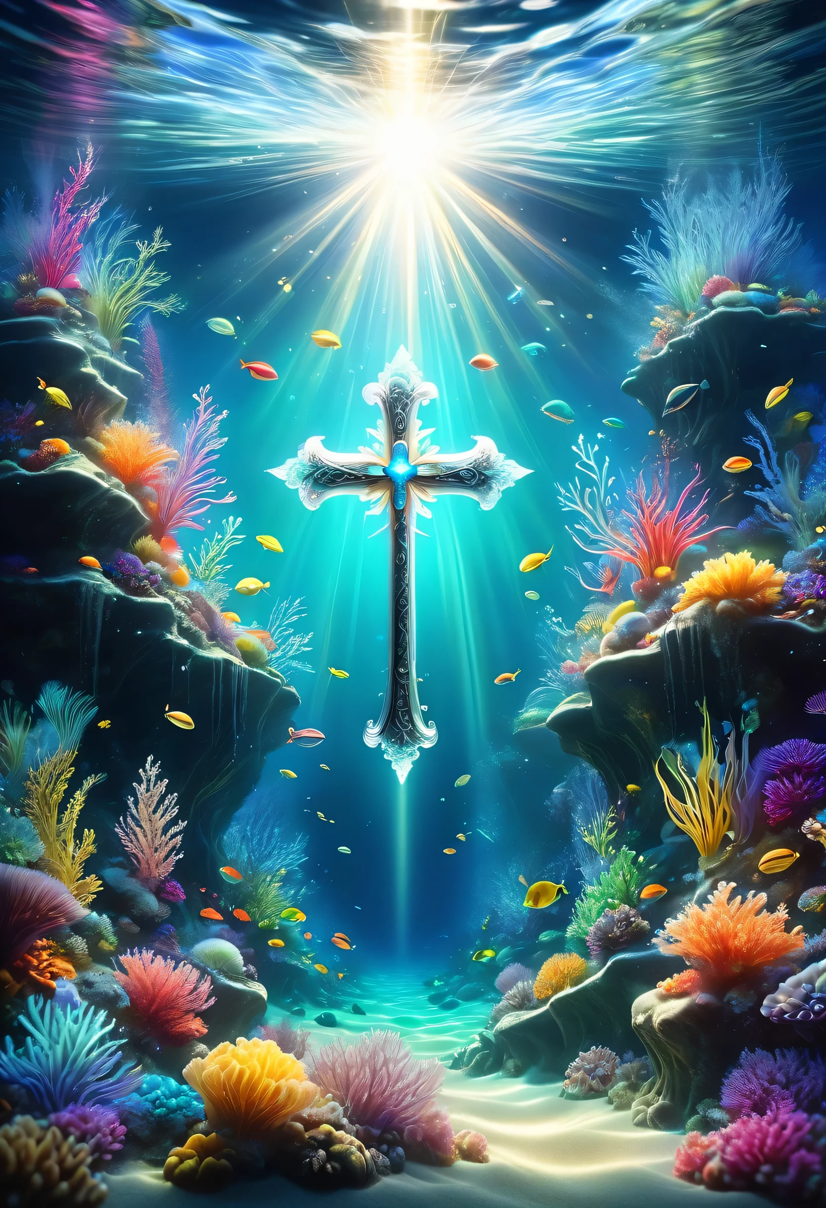 ((Tyndall effect,dark,darkness,Straight light shining into the ocean floor:Light shining on a small silver cross lying on the ocean floor)),floating translucent underwater creatures,Gradation,masterpiece,最高masterpiece,highest quality,rendering,rich colors,colorfulな呪文を唱える,dream-like,Detailed details,In detail,,Bright colors,beautiful光と影,magic,dream-like,Inspiration,beautiful,rendering,colorful,wonderful,particles of light,get used to it,masterpiece,最高masterpiece,Art work using light,Artistic,get used to it,