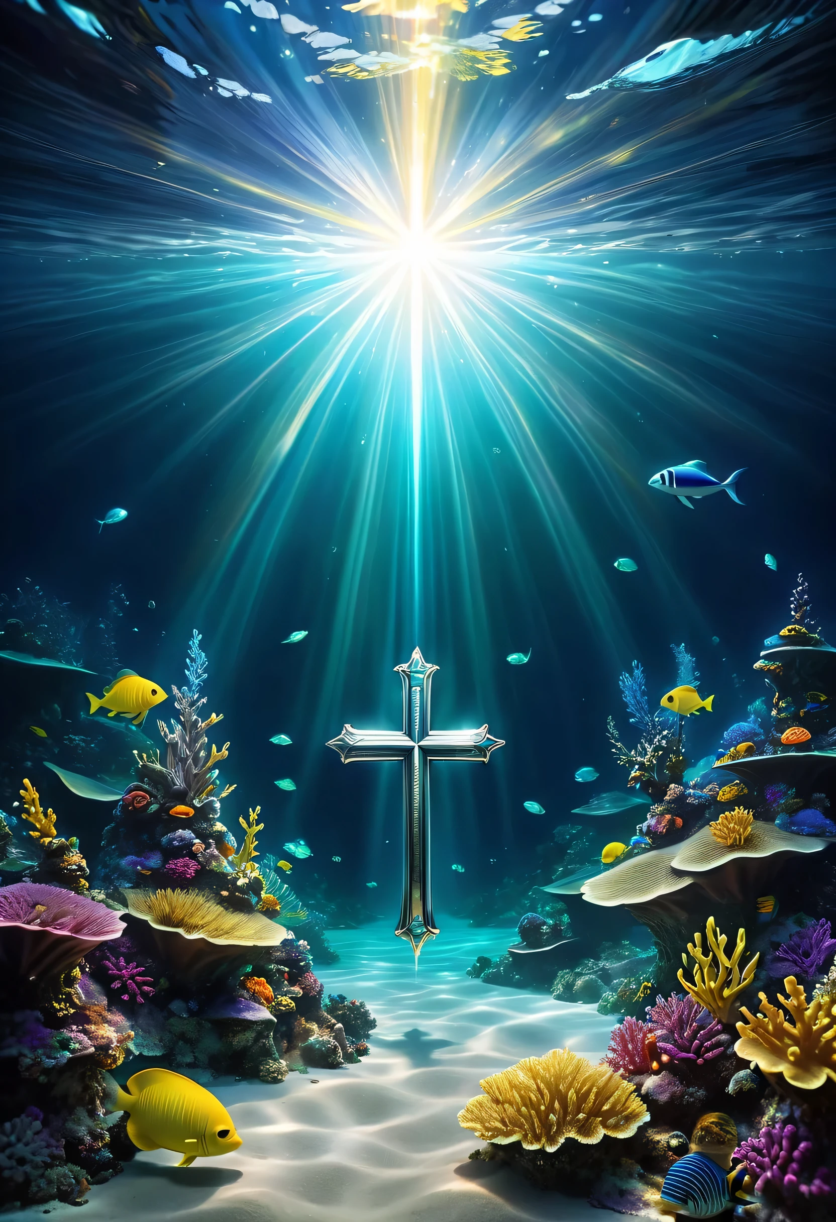 ((Tyndall effect,dark,darkness,Straight light shining into the ocean floor:Light shining on a small silver cross lying on the ocean floor)),floating translucent underwater creatures,Gradation,masterpiece,最高masterpiece,highest quality,rendering,rich colors,colorfulな呪文を唱える,dream-like,Detailed details,In detail,,Bright colors,beautiful光と影,magic,dream-like,Inspiration,beautiful,rendering,colorful,wonderful,particles of light,get used to it,masterpiece,最高masterpiece,Art work using light,Artistic,get used to it,