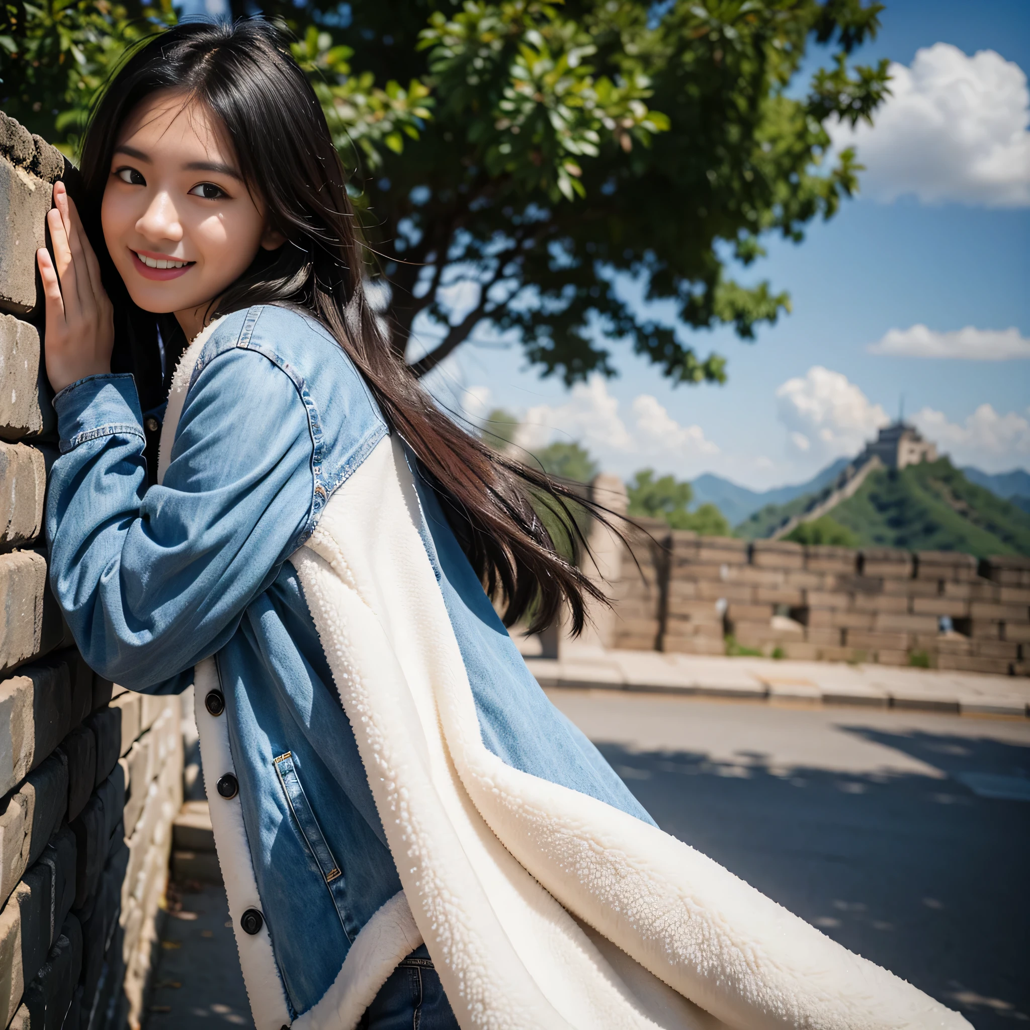 TYPE : Beauty Photography
THEME : nature
RACE : Indonesian, young
PERSON 1 : Early 20s, woman
SCENE : outdoor , standing on the great wall of china , creating an beauty atmosphere , wind blowing effect, beautiful and cute expression , cute pose .smile at camera
PROPS: : great wall of china, blue sky , wearing a warm coat jacket and warm wool hat, wind blow
CAMERA : photographed using an Canon eos 90d DSLR camera with 18-135mm lens , detail skin texture , detailed face , close up , low exposure
ANGLE : High Dynamic Range (HDR) shot