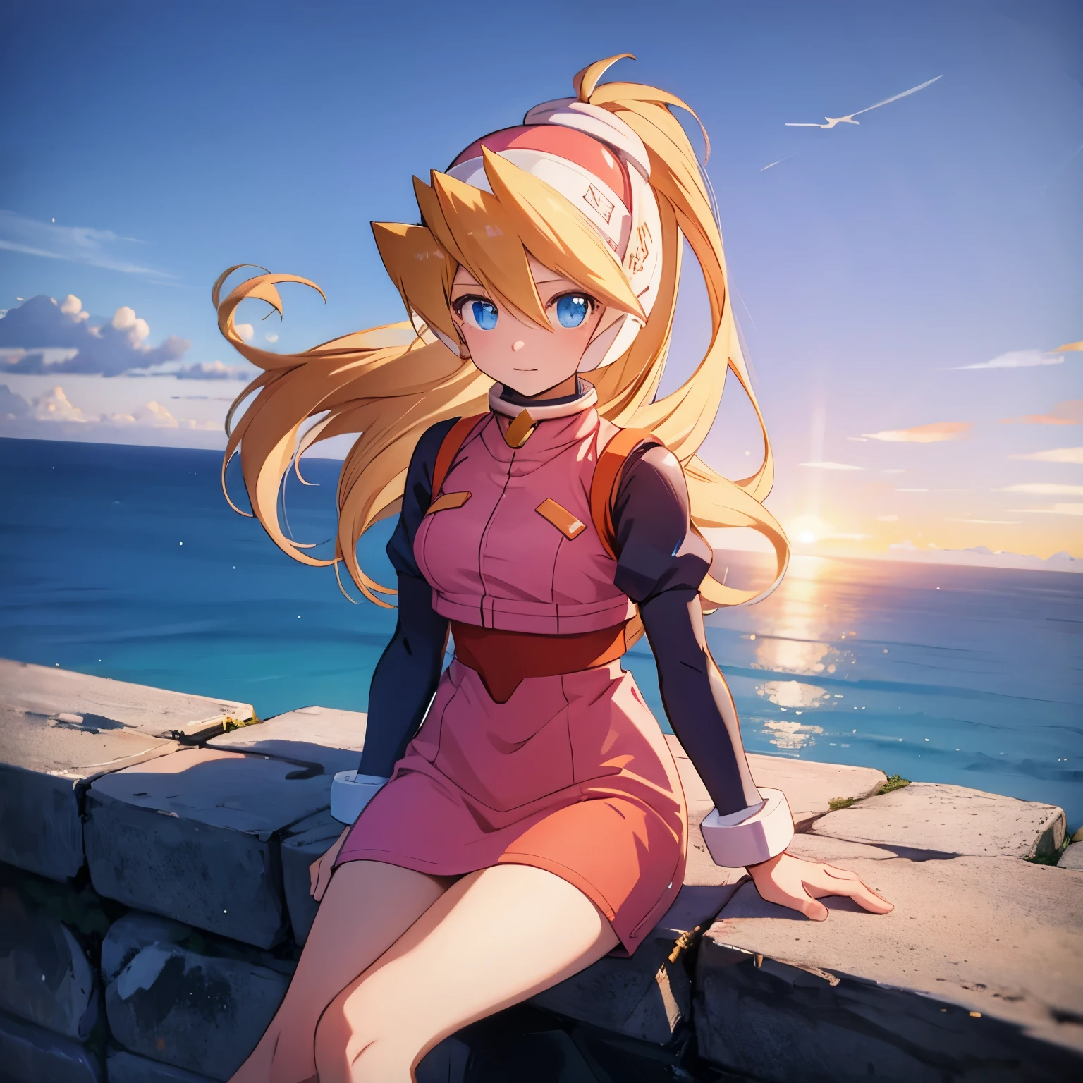 ciel_megamanz, 1girl, solo, long hair, blue eyes, blonde hair, ponytail, headgear, masterpiece, high quality, overlooking the ocean on the edge of a rock, in the style of avian-themed, realistic yet stylized, villagecore, azure, orange and azure, dragoncore, aerial view