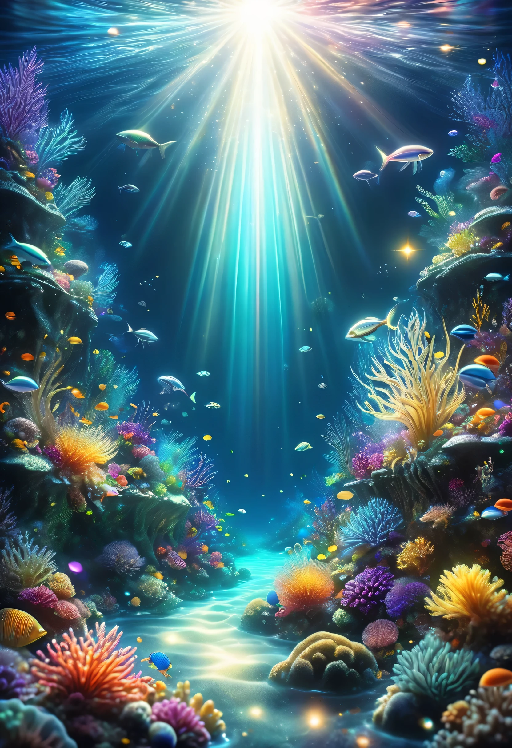 ((Tyndall effect,dark,darkness,Straight light shining into the ocean floor:Light shining on a small silver cross lying on the ocean floor)),floating translucent underwater creatures,Gradation,masterpiece,最高masterpiece,highest quality,rendering,rich colors,colorfulな呪文を唱える,dream-like,Detailed details,In detail,,Bright colors,beautiful光と影,magic,dream-like,Inspiration,beautiful,rendering,colorful,wonderful,particles of light,get used to it,masterpiece,最高masterpiece,Art work using light,Artistic,get used to it,