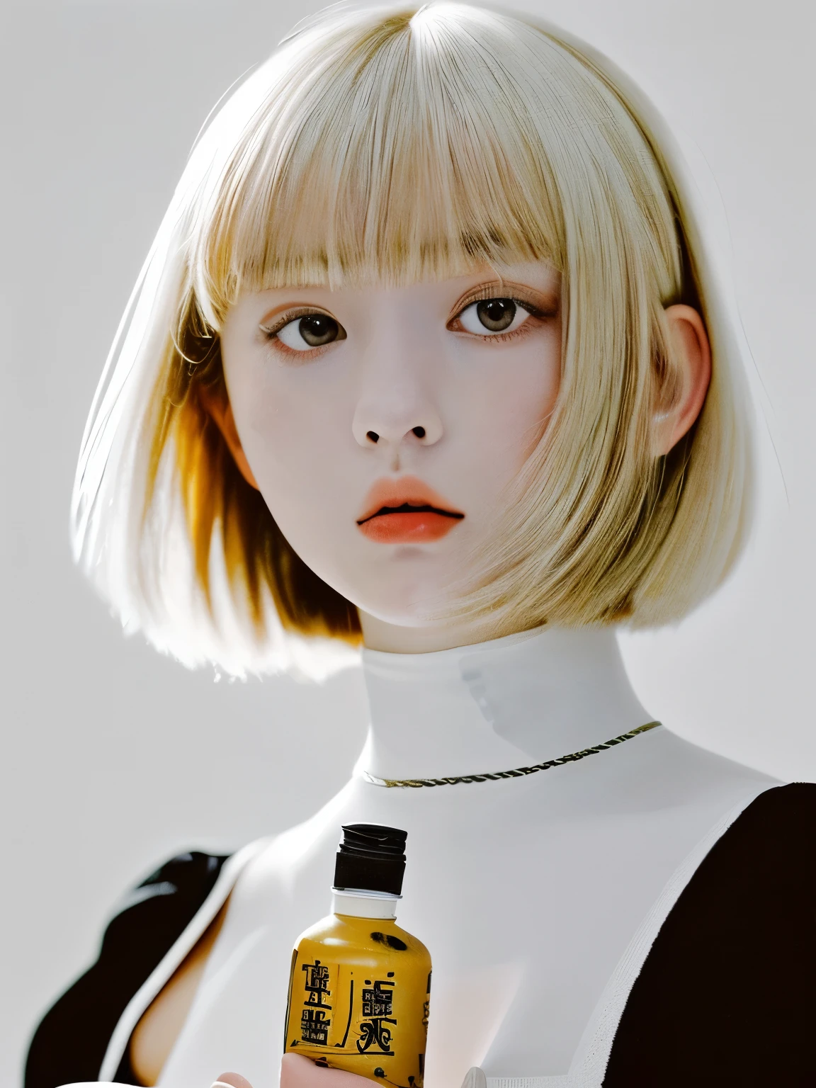 ((masterpiece、highest quality、High resolution))、A 20-year-old Japan woman、Minimal short blonde hairstyle with movement、Shows modern elegance and vibrancy。This hairstyle is、Enhances the charm of her honey-type face、Adds a modern twist to her overall look。she、Challenging traditional fashion concepts、bold texture、Bright colors、She is wearing an advanced fashion ensemble featuring intricate layering.。The background is pure white.、Highlighted by studio lighting that accentuates her silhouette and outfit。she自信ありげかつリラックスした姿勢で、Hold the bottle in front of your chest with one hand、shows movement and a positive attitude。That direct and inviting gaze、We provide viewers with the moment when fashion turns into art.。((close up of face))、(Draw all the head and shoulders)、