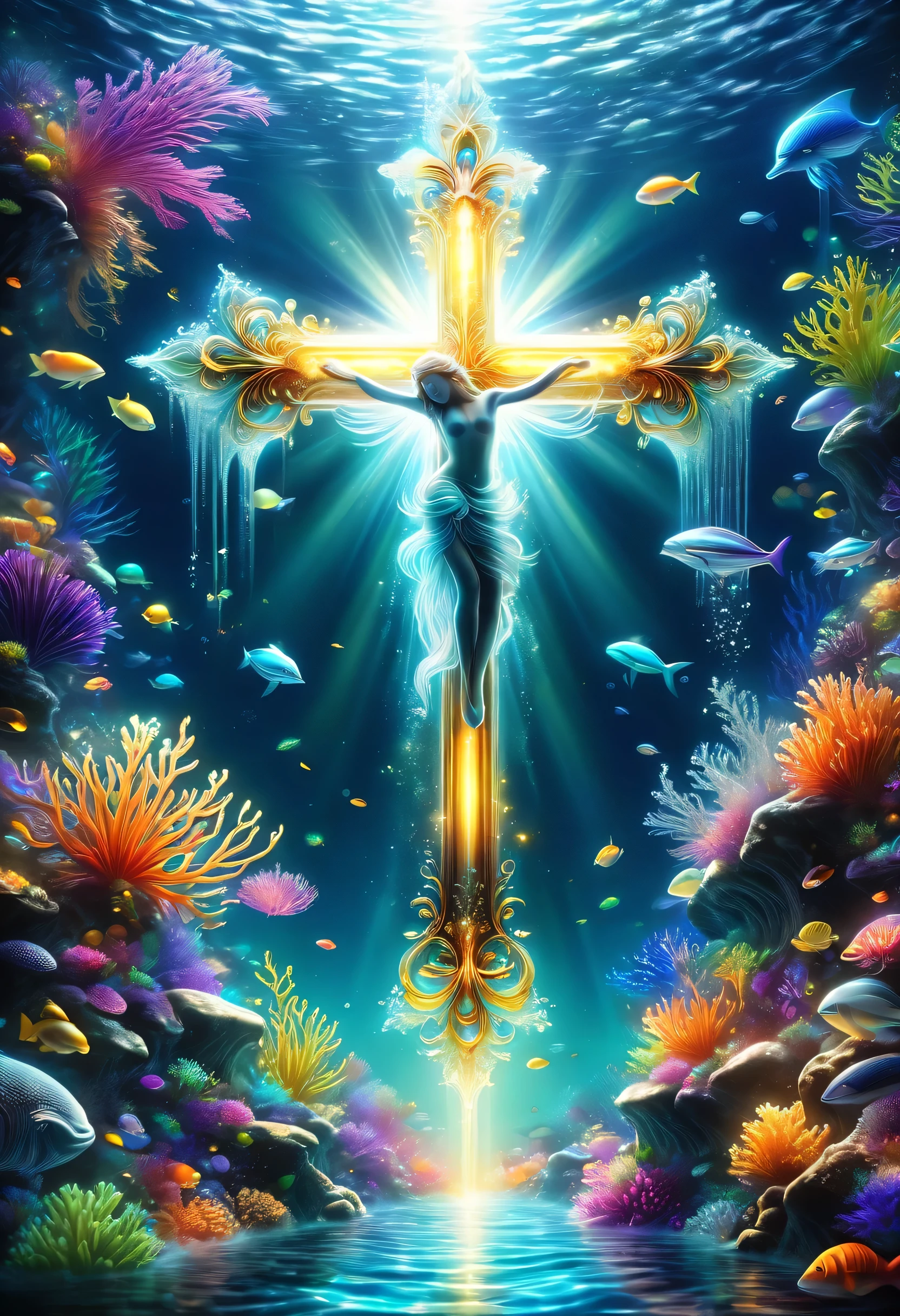 ((Tyndall effect,dark,darkness,Straight light shining into the ocean floor:Light shining on a small silver cross lying on the ocean floor)),floating translucent underwater creatures,Gradation,masterpiece,最高masterpiece,highest quality,rendering,rich colors,colorfulな呪文を唱える,dream-like,Detailed details,In detail,,Bright colors,beautiful光と影,magic,dream-like,Inspiration,beautiful,rendering,colorful,wonderful,particles of light,get used to it,masterpiece,最高masterpiece,Art work using light,Artistic,get used to it,