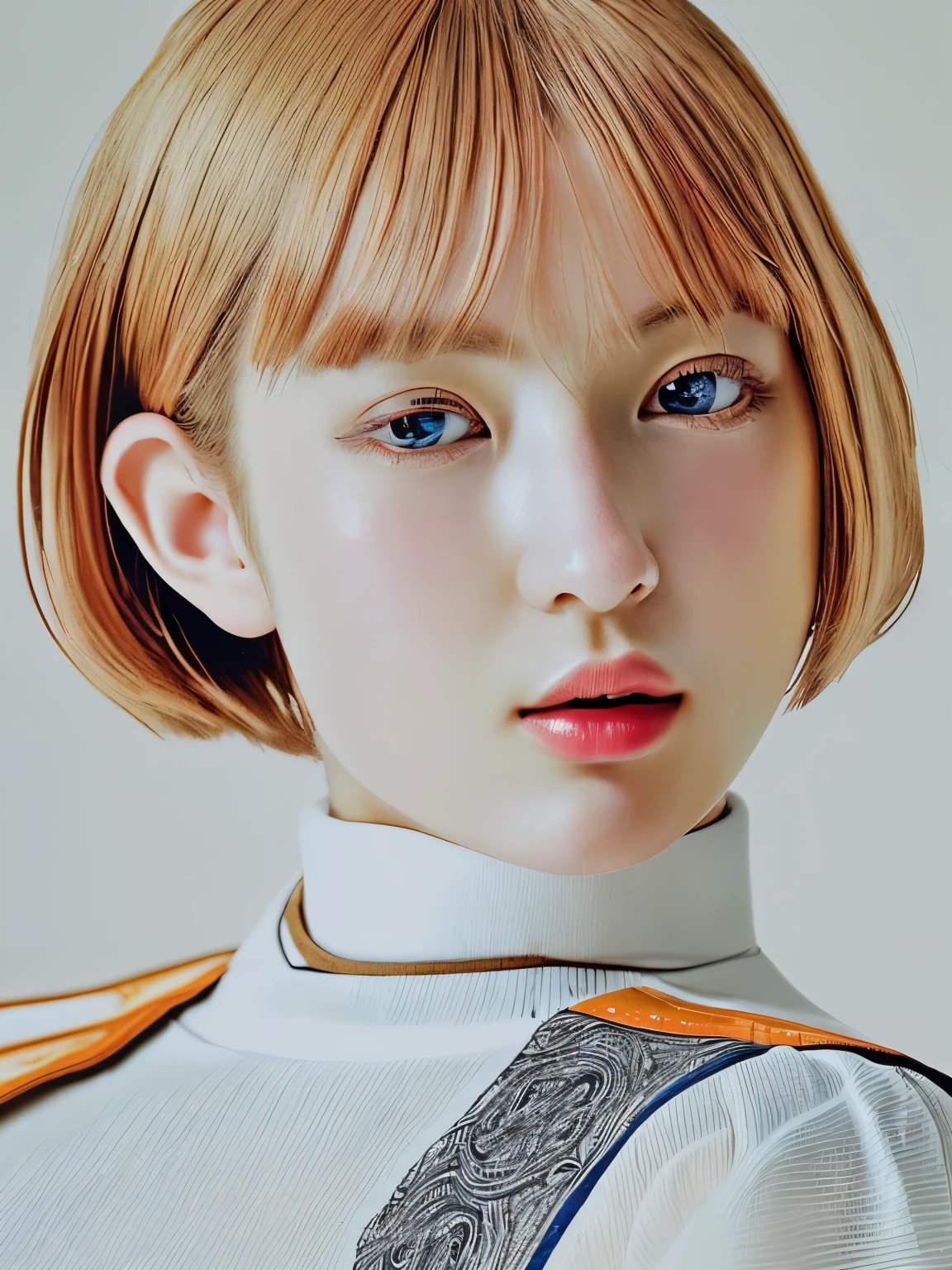 ((masterpiece、highest quality、High resolution))、A 20-year-old Japan woman、Minimal short blonde hairstyle with movement、Shows modern elegance and vibrancy。This hairstyle is、Enhances the charm of her honey-type face、Adds a modern twist to her overall look。she、Challenging traditional fashion concepts、bold texture、Bright colors、She is wearing an advanced fashion ensemble featuring intricate layering.。The background is pure white.、Highlighted by studio lighting that accentuates her silhouette and outfit。she自信ありげかつリラックスした姿勢で、Hold the bottle in front of your chest with one hand、shows movement and a positive attitude。That direct and inviting gaze、We provide viewers with the moment when fashion turns into art.。((close up of face))、(Draw all the head and shoulders)、