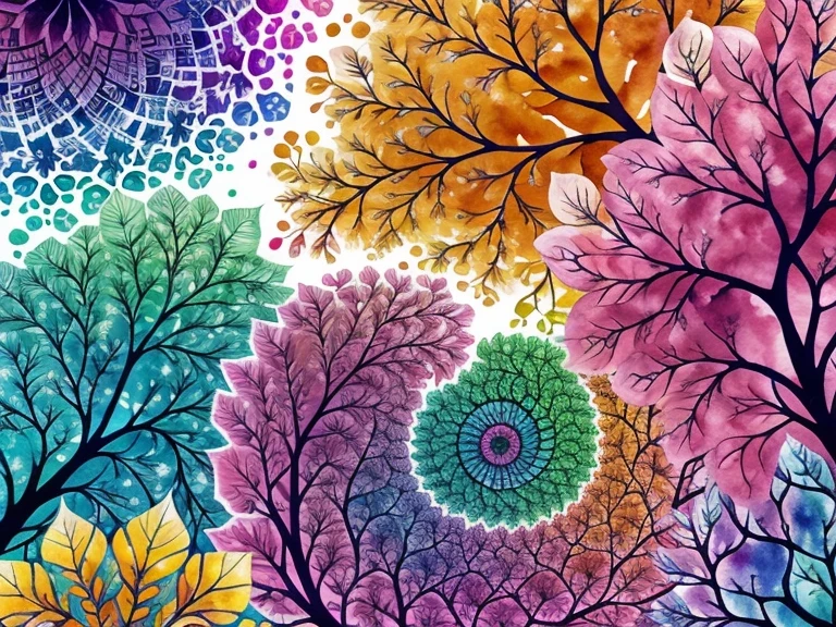 watercolor fractal swirls, trees, flowers, vibrant, colorful