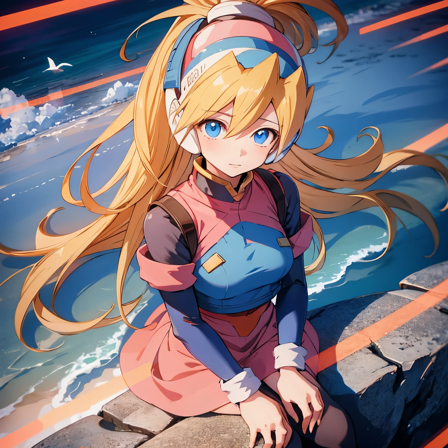 ciel_megamanz, 1girl, solo, long hair, blue eyes, blonde hair, ponytail, headgear, masterpiece, high quality, overlooking the ocean on the edge of a rock, in the style of avian-themed, realistic yet stylized, villagecore, azure, orange and azure, dragoncore, aerial view