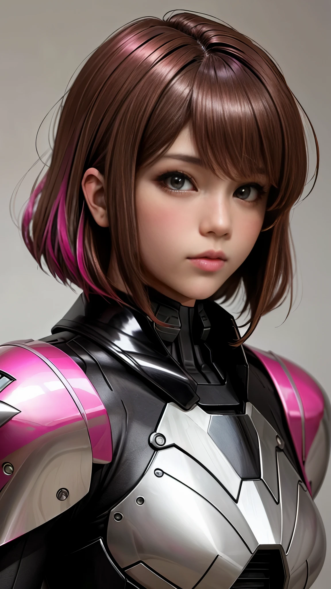 Photo of two realistic black Sazabi girls,Shortcut Bob Cut,I have a lot of hair,brown eyes,Hair color is bright pink,cool look,background is gray,16 year old daughter of Haman Khan and Char Aznable.