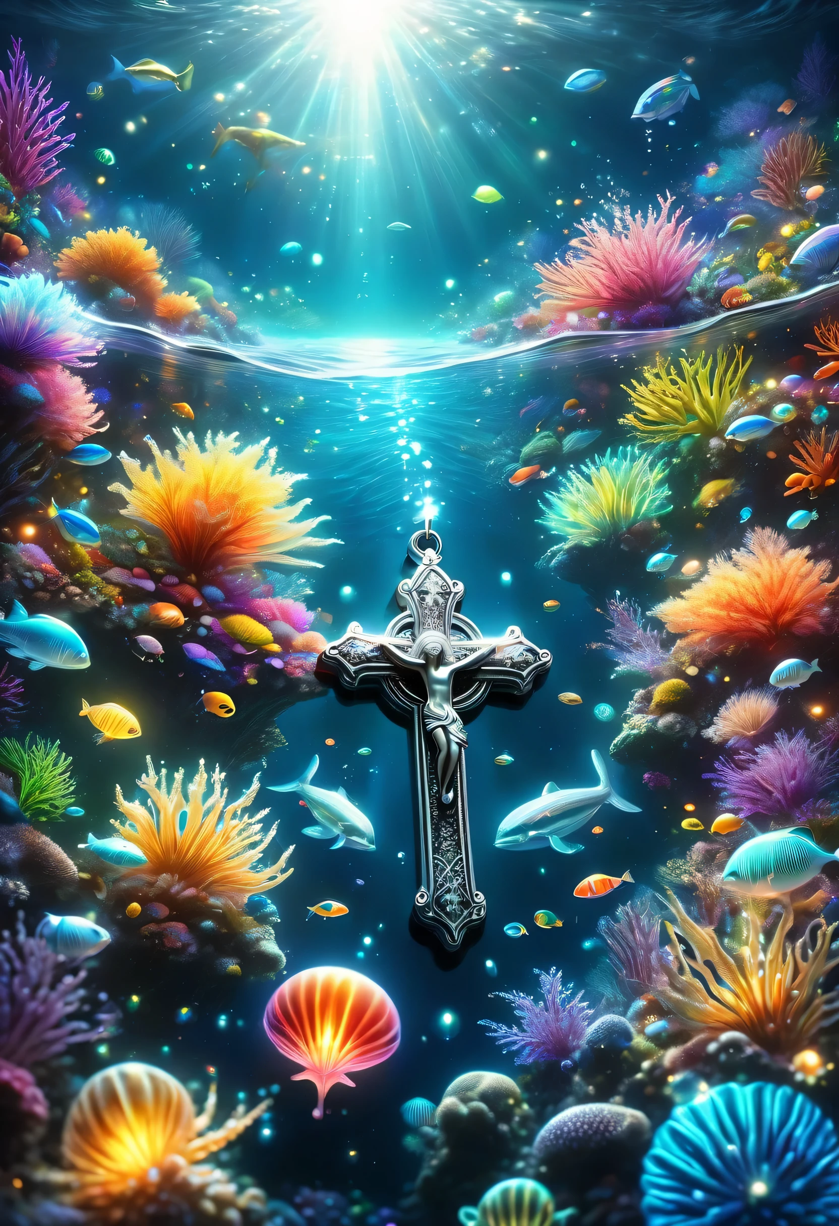 ((Tyndall effect,dark,darkness,Straight light shining into the ocean floor:Light shining on a small silver rosary lying on the ocean floor)),floating translucent underwater creatures,Gradation,masterpiece,最高masterpiece,highest quality,rendering,rich colors,colorfulな呪文を唱える,dream-like,Detailed details,In detail,,Bright colors,beautiful光と影,magic,dream-like,Inspiration,beautiful,rendering,colorful,wonderful,particles of light,get used to it,masterpiece,最高masterpiece,Art work using light,Artistic,get used to it,Tyndall effect