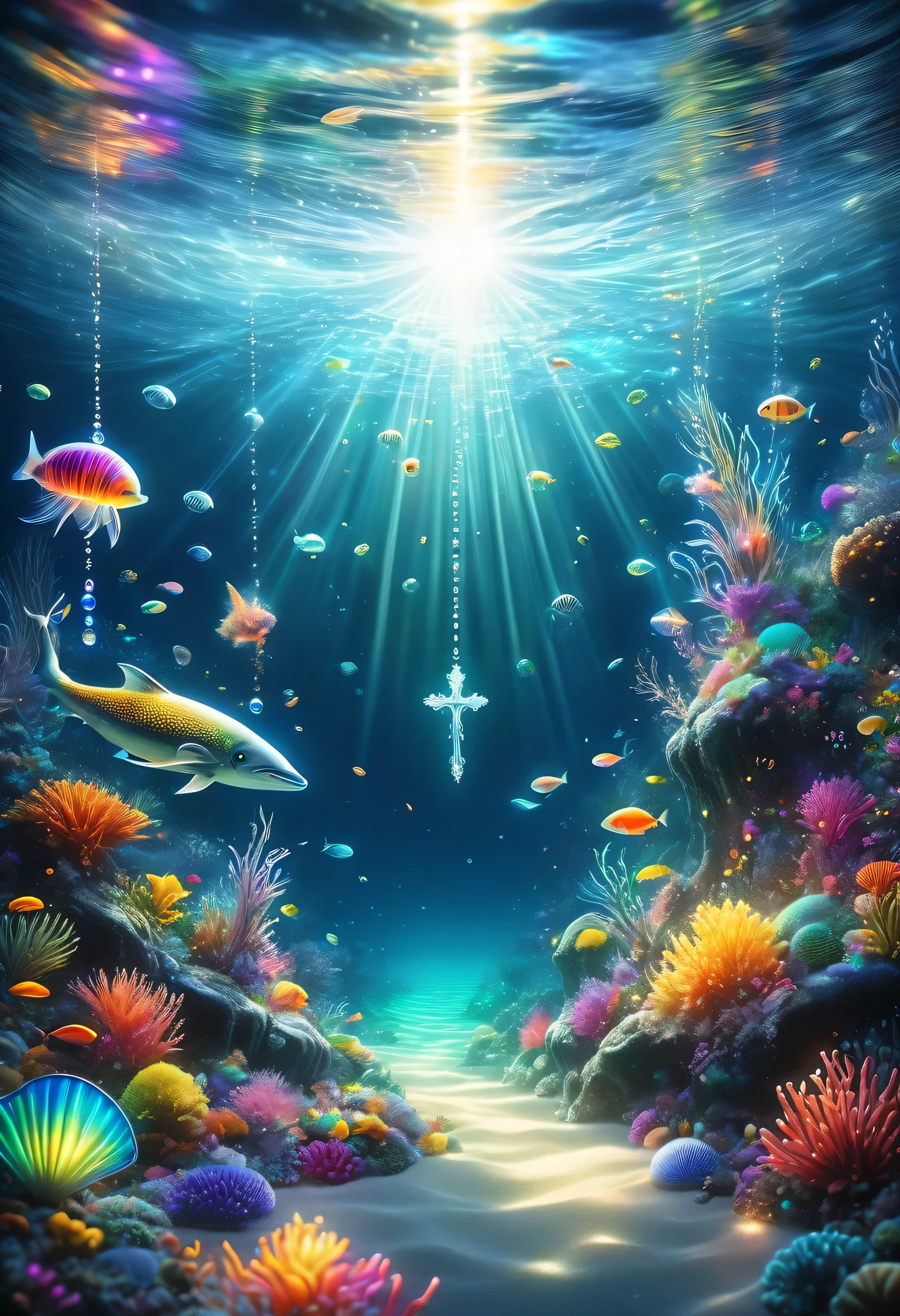 ((Tyndall effect,dark,darkness,Straight light shining into the ocean floor:Light shining on a small silver rosary lying on the ocean floor)),floating translucent underwater creatures,Gradation,masterpiece,最高masterpiece,highest quality,rendering,rich colors,colorfulな呪文を唱える,dream-like,Detailed details,In detail,,Bright colors,beautiful光と影,magic,dream-like,Inspiration,beautiful,rendering,colorful,wonderful,particles of light,get used to it,masterpiece,最高masterpiece,Art work using light,Artistic,get used to it,Tyndall effect