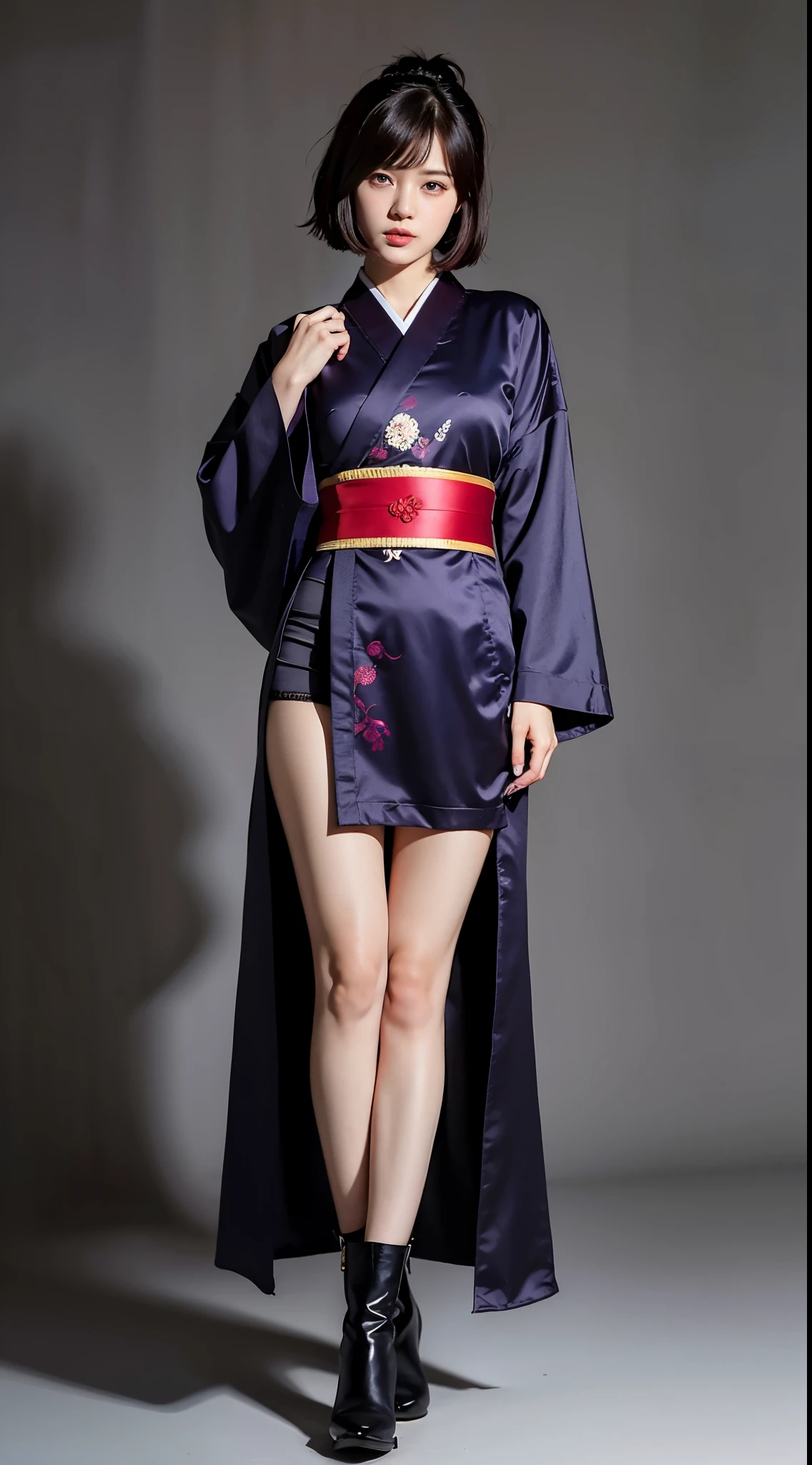 ulzzang-6500-v1.1, (RAW photo:1.2), (Photoreal), (genuine:1.4), (muste piece), Classy woman with perfect figure: 1.3, jet black hair、((Straight bob cut hair with neatly trimmed ends、bangs、red hair band))、(She is wearing a dark purple long-sleeved kimono with an elegant pattern.)、standing with fan closed、Majestic Hall々, (murderous look:1.2)、 highly detailed face and skin, fine eyes, double eyelid, ((full body shot:1.14))、wearing short boots、