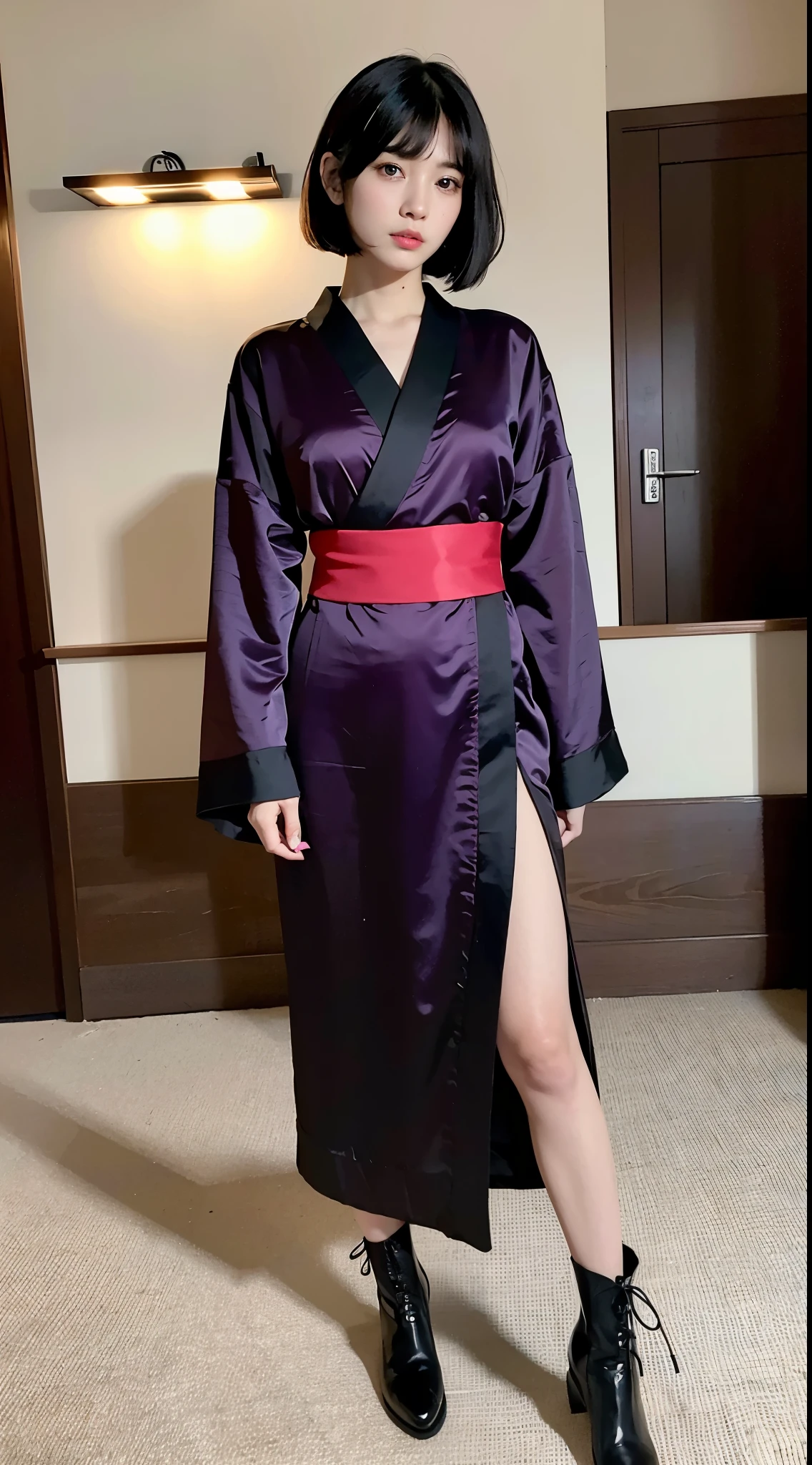 ulzzang-6500-v1.1, (RAW photo:1.2), (Photoreal), (genuine:1.4), (muste piece), Classy woman with perfect figure: 1.3, jet black hair、((Straight bob cut hair with neatly trimmed ends、bangs、red hair band))、(She is wearing a dark purple long-sleeved kimono with an elegant pattern.)、standing with fan closed、Majestic Hall々, (murderous look:1.2)、 highly detailed face and skin, fine eyes, double eyelid, (full body shot:1.14)、wearing short boots、