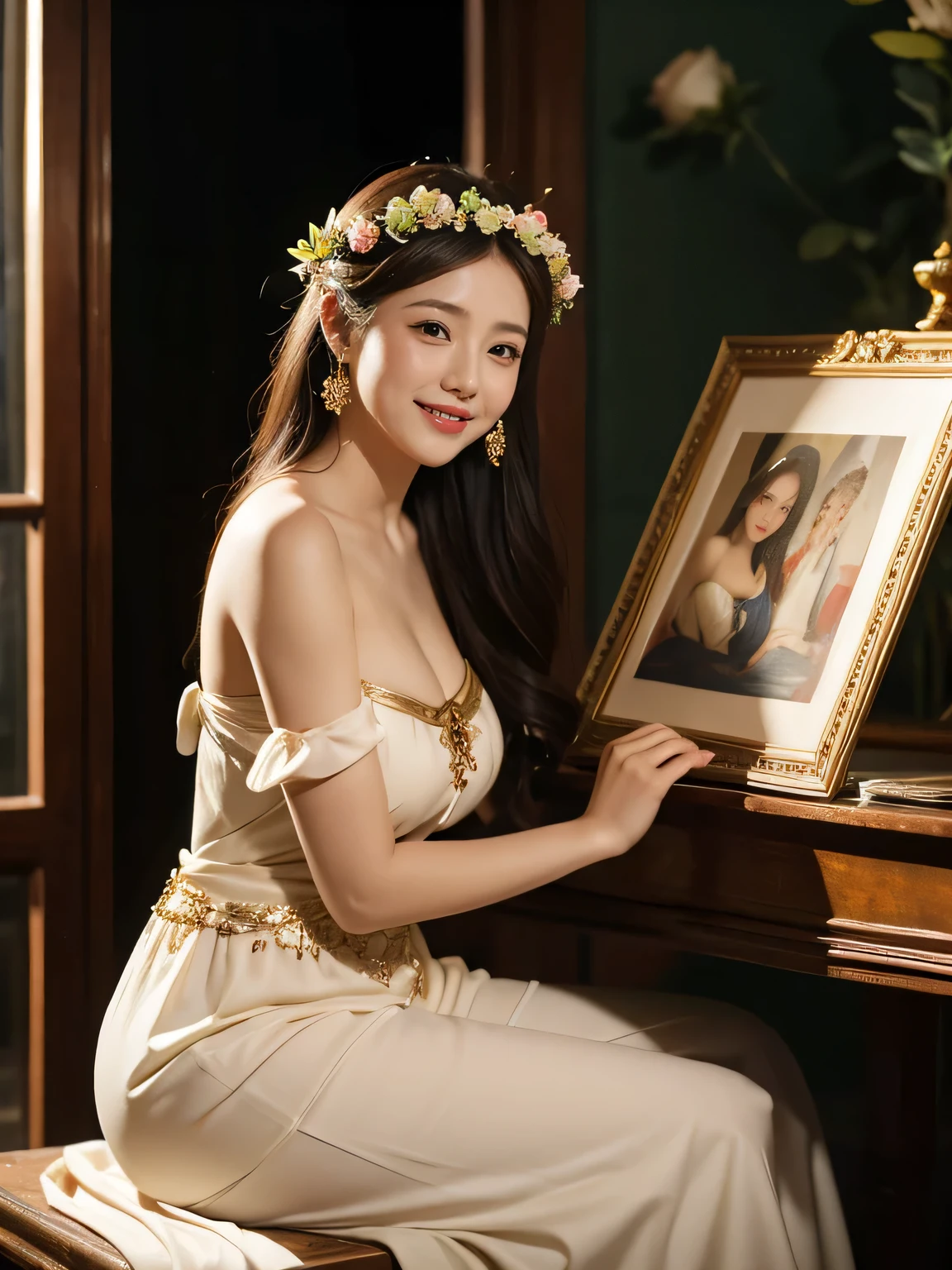 Giorgione painting style,Arguments of two female P、roses in vase、fruits、Cute trinkets、smile、ancient greek costume、Background is a forest lake at night 、Clothes that stretch your shoulders、A big smile、beautiful bare skin,Woman singing with sheet music