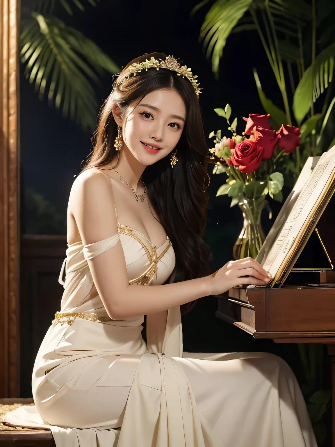 Giorgione painting style,Arguments of two female P、roses in vase、fruits、Cute trinkets、smile、ancient greek costume、Background is a forest lake at night 、Clothes that stretch your shoulders、A big smile、beautiful bare skin,Woman singing with sheet music